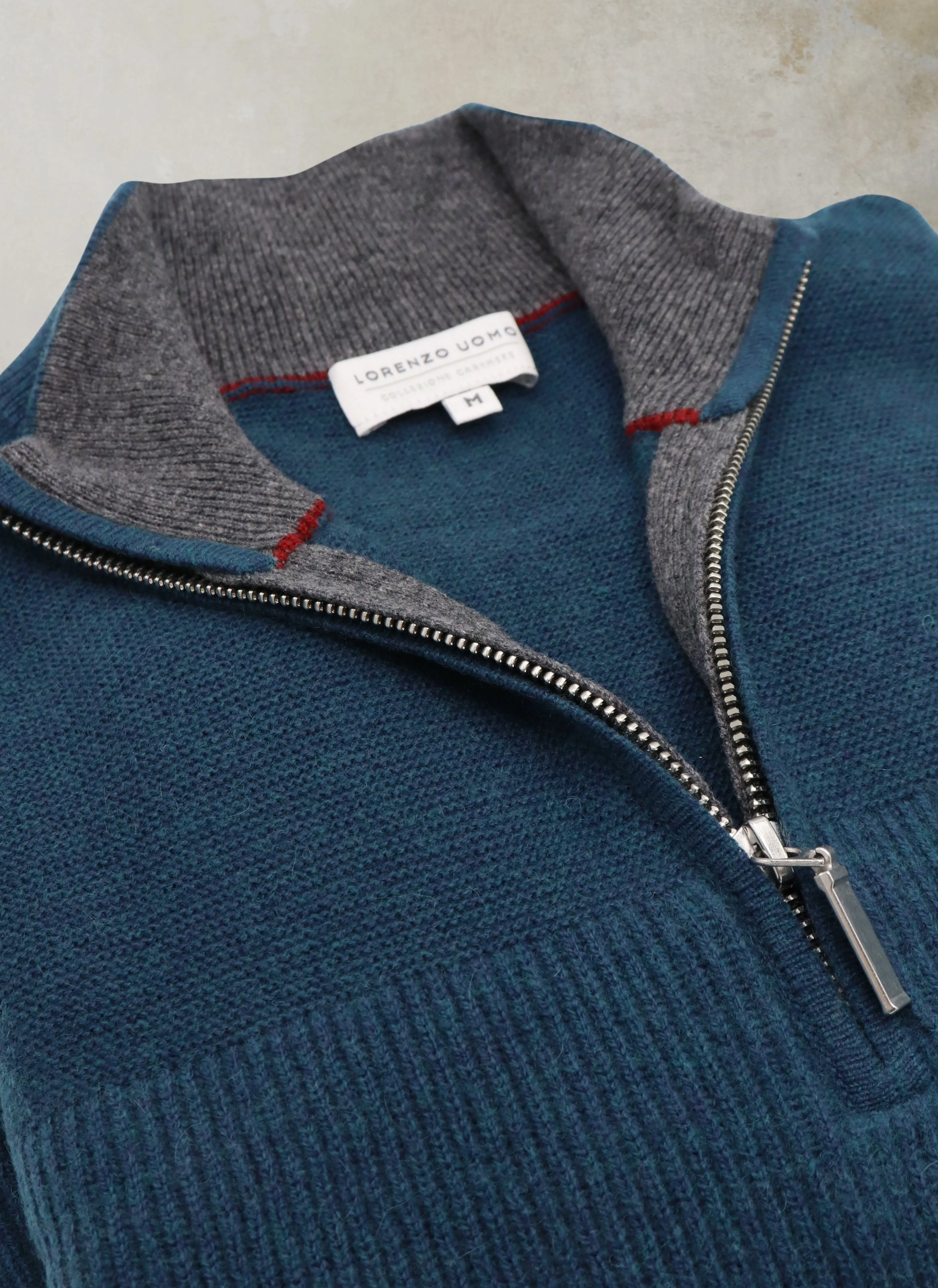 Men's Botticino Double Knit Quarter Zip Cashmere Sweater in Teal