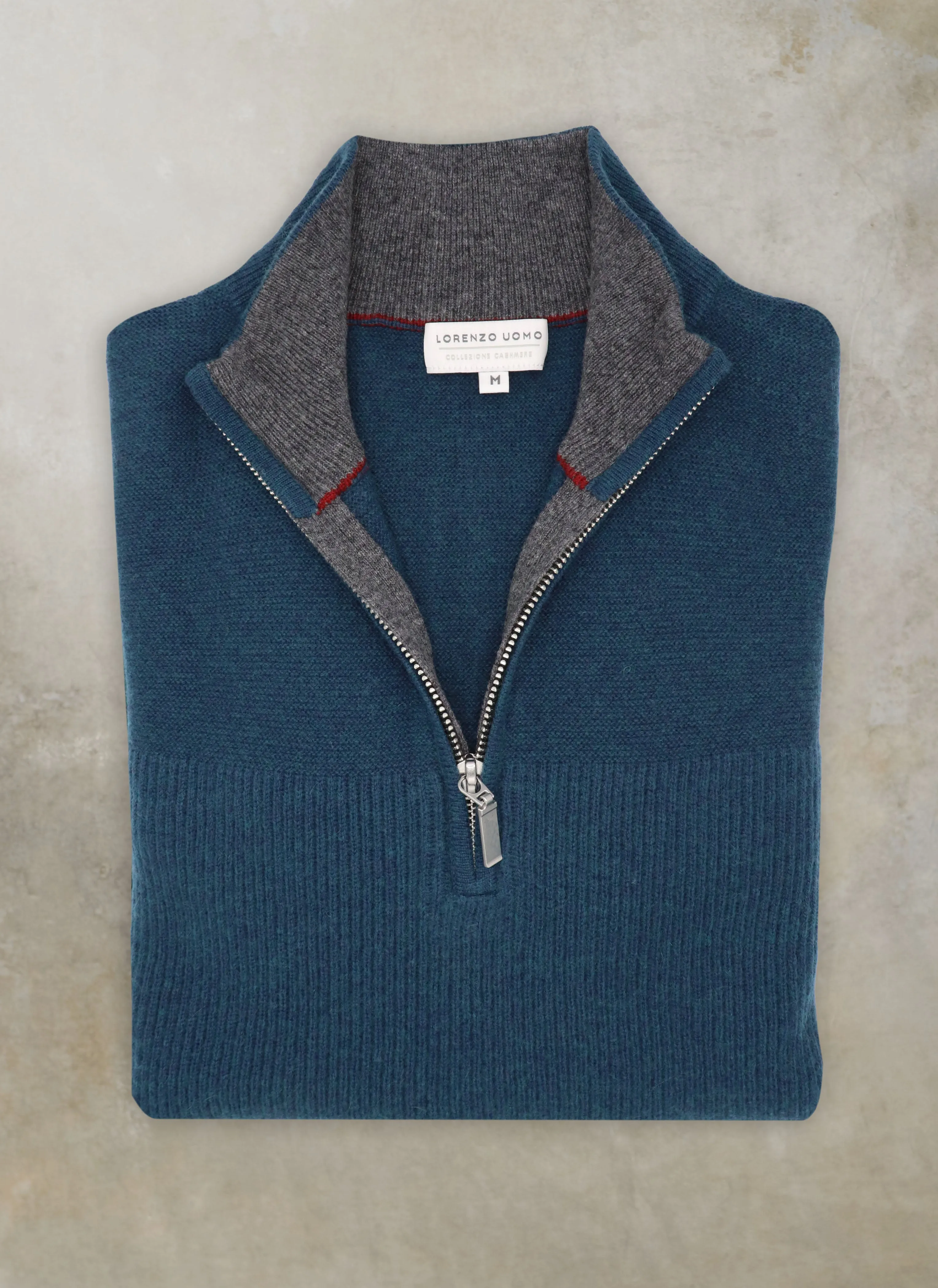 Men's Botticino Double Knit Quarter Zip Cashmere Sweater in Teal