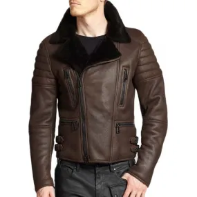 Men's Cafe Racer Brown Sheepskin Leather Black Fur Shearling Jacket