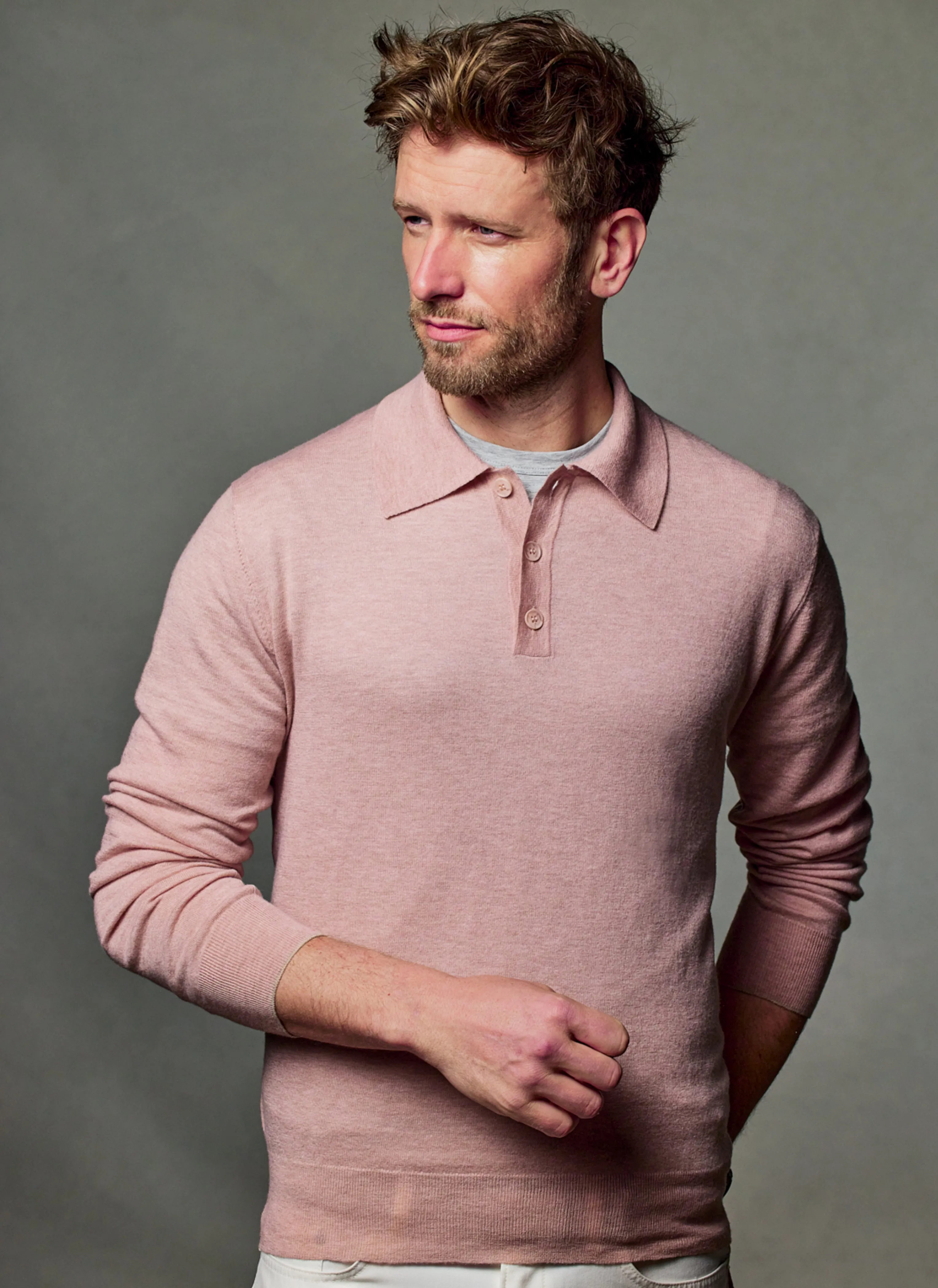 Men's Carrara Long Sleeve Cashmere Polo Shirt in Light Pink