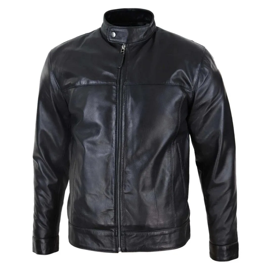 Mens Classic Zip Real Leather Jacket Nehru Grandad Collar Biker Style