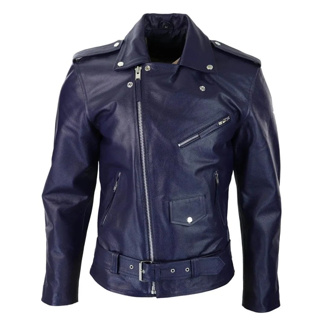 Mens Cow Hide Cross Zip Brando Biker Motorcycle Real Leather Jacket