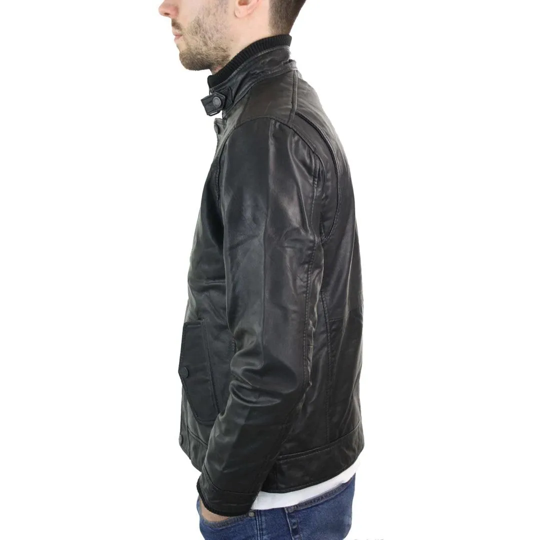 Mens Genuine Leather Zipped Vintage Black Smart Casual Jacket Short Coat Retro