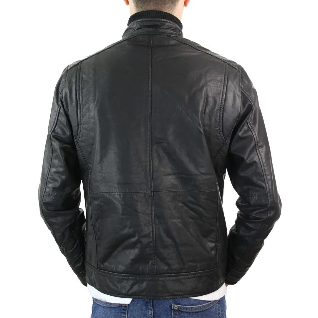 Mens Genuine Leather Zipped Vintage Black Smart Casual Jacket Short Coat Retro