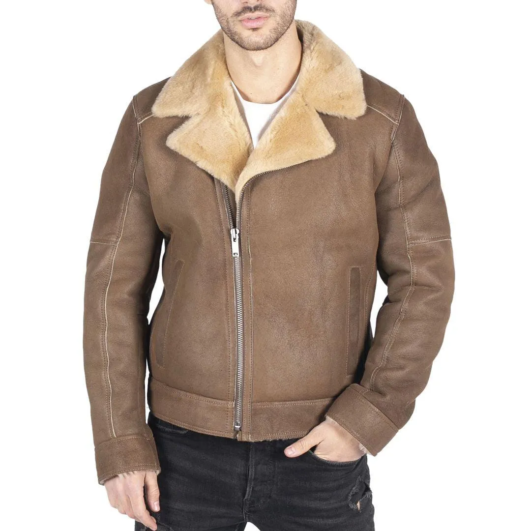 Mens Genuine Sheepskin Leather Cross Zip Flying Aviator Jacket Camel Brown Fur