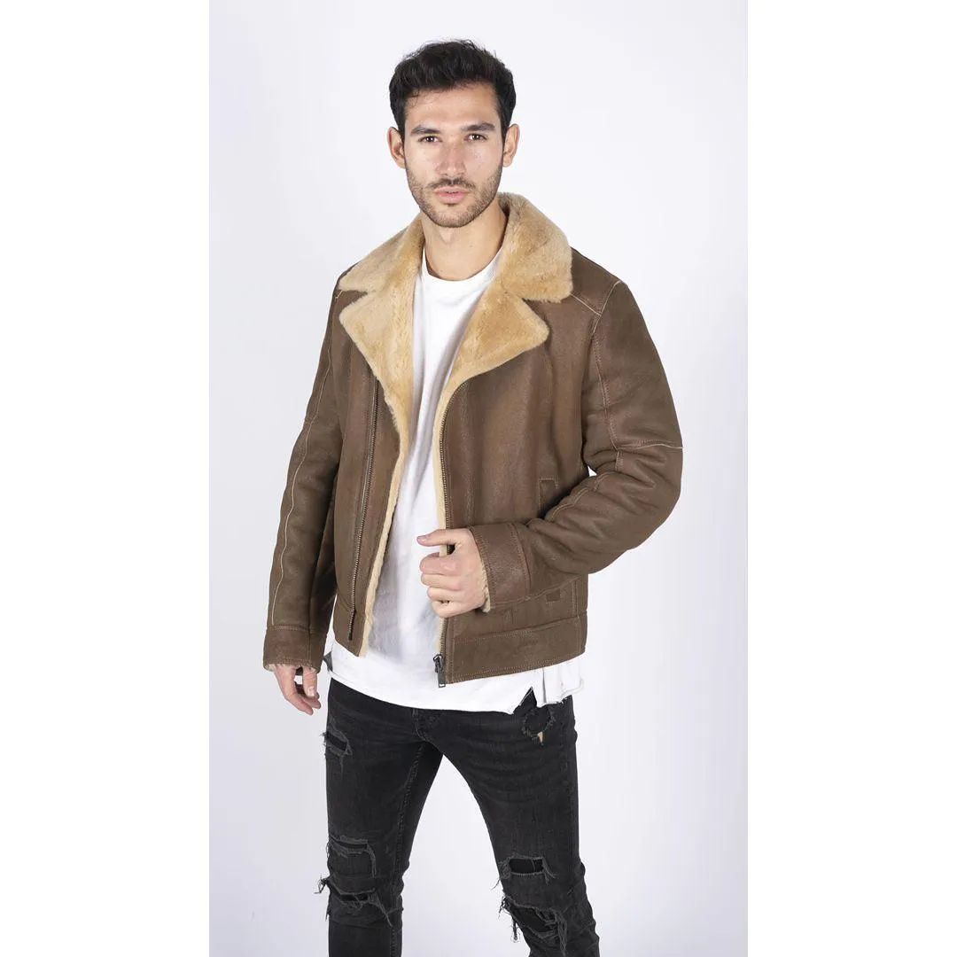 Mens Genuine Sheepskin Leather Cross Zip Flying Aviator Jacket Camel Brown Fur