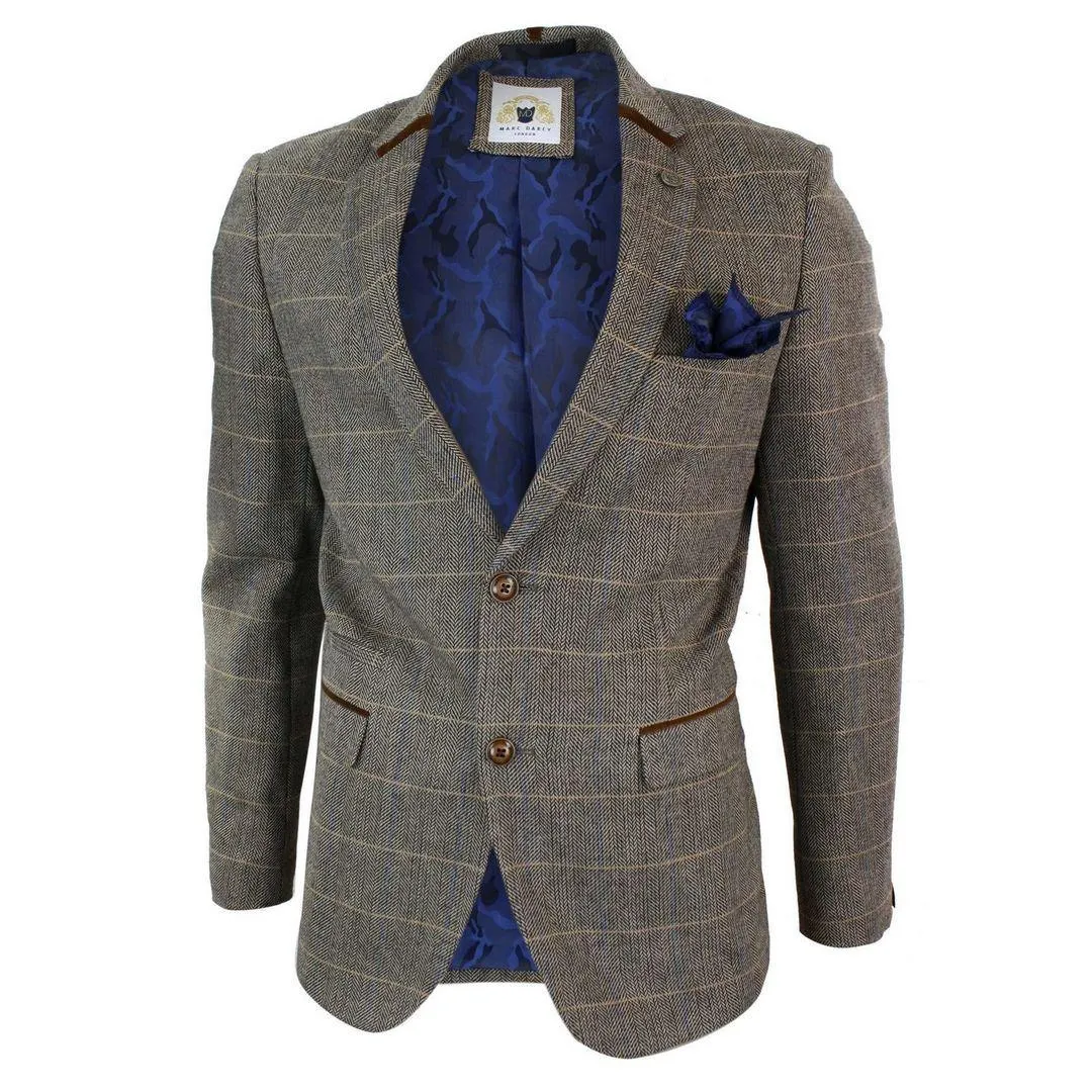 Mens Herringbone Tweed Marc Darcy Tan Brown Slim Fit 2 Button Blazer Check Jacket