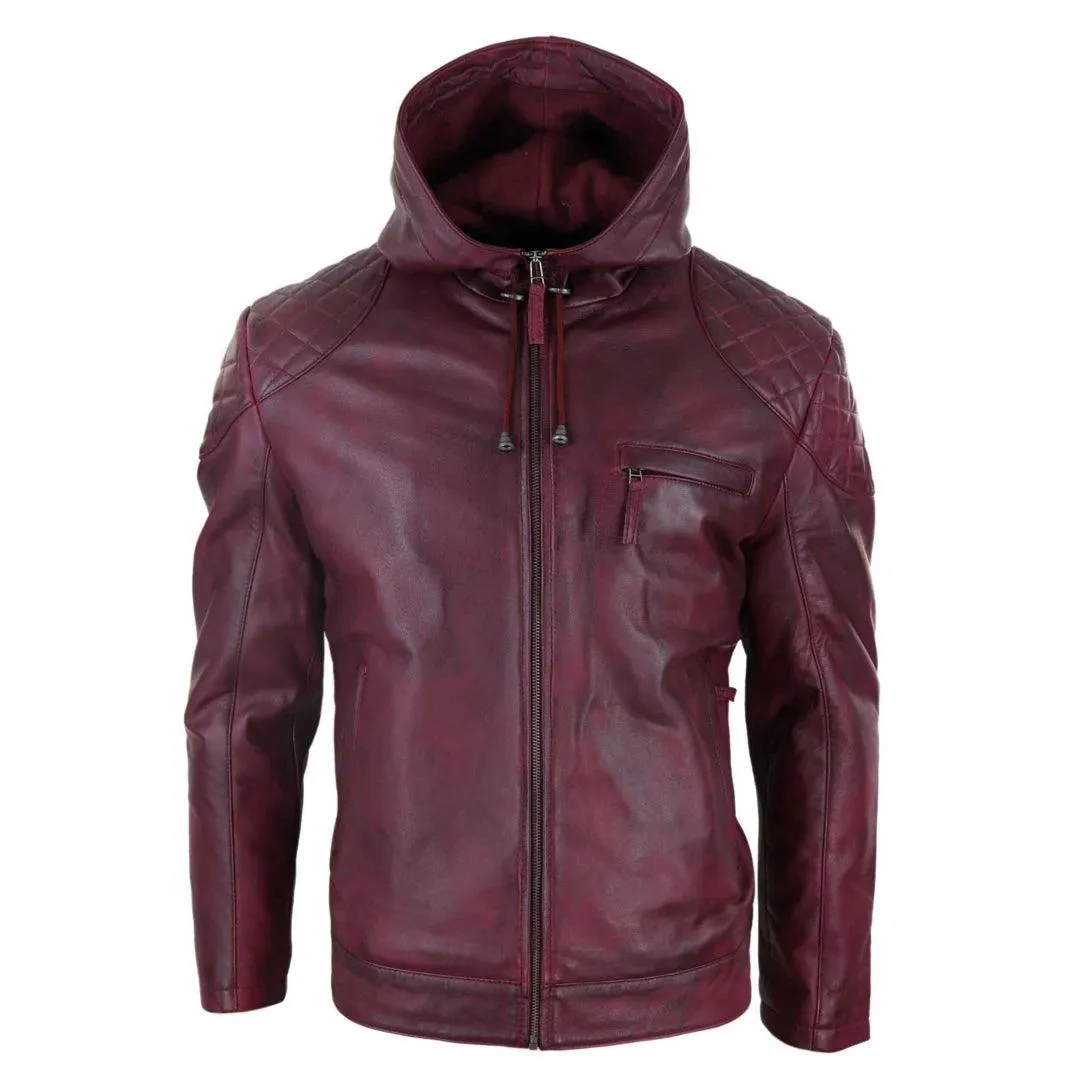 Mens Hood Biker Jacket Genuine Leather Casual Zip Retro Urban