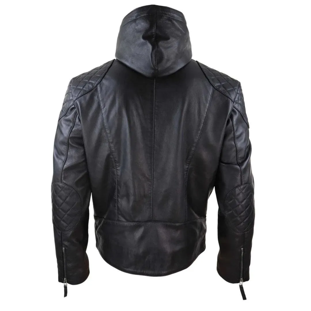 Mens Hood Biker Jacket Genuine Leather Casual Zip Retro Urban