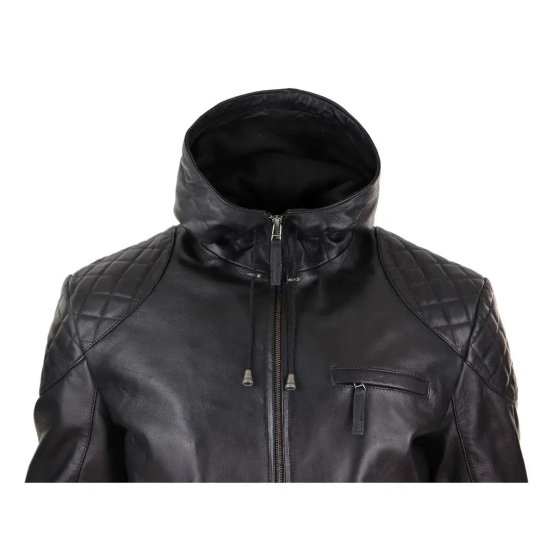 Mens Hood Biker Jacket Genuine Leather Casual Zip Retro Urban