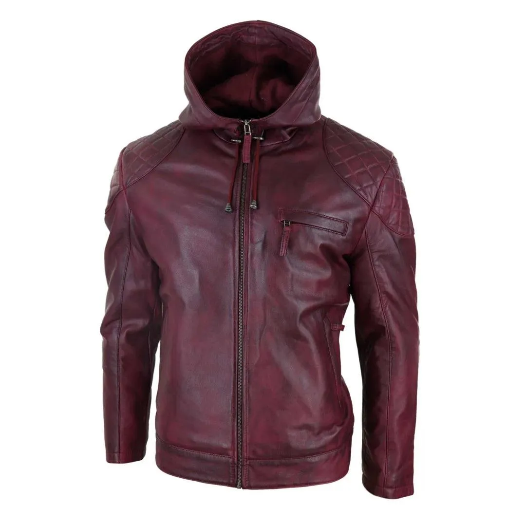 Mens Hood Biker Jacket Genuine Leather Casual Zip Retro Urban