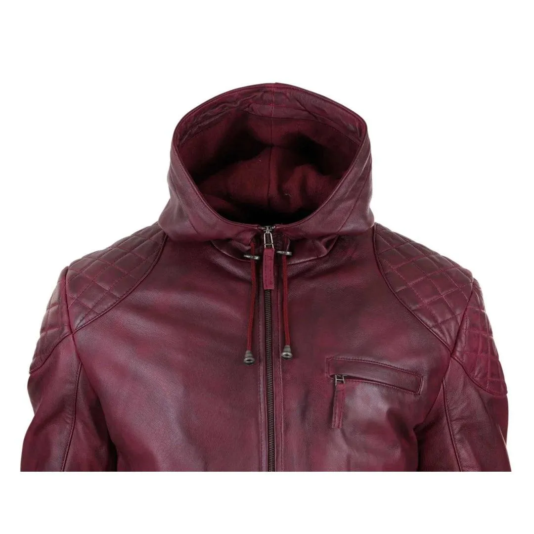 Mens Hood Biker Jacket Genuine Leather Casual Zip Retro Urban