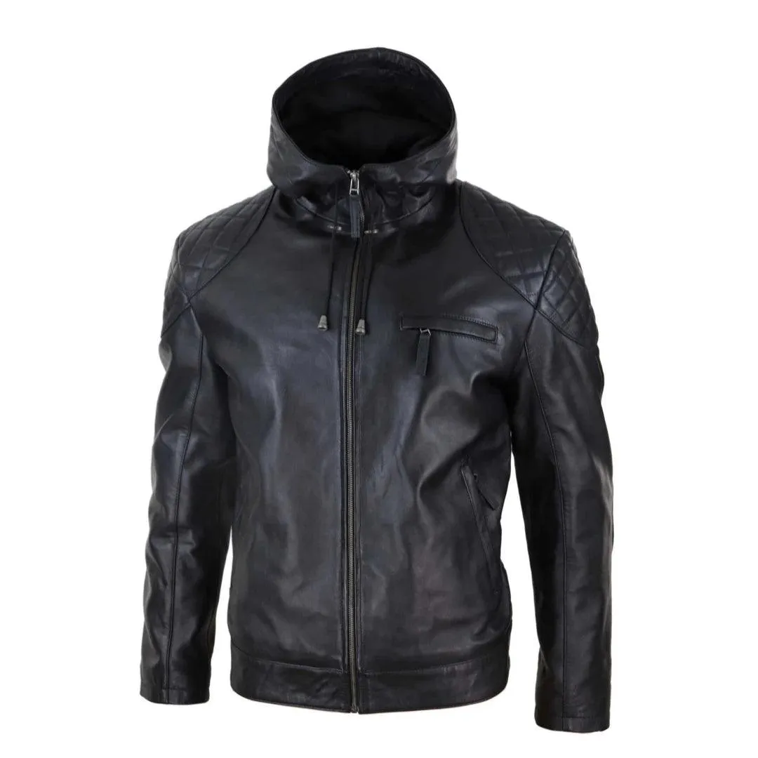 Mens Hood Biker Jacket Genuine Leather Casual Zip Retro Urban