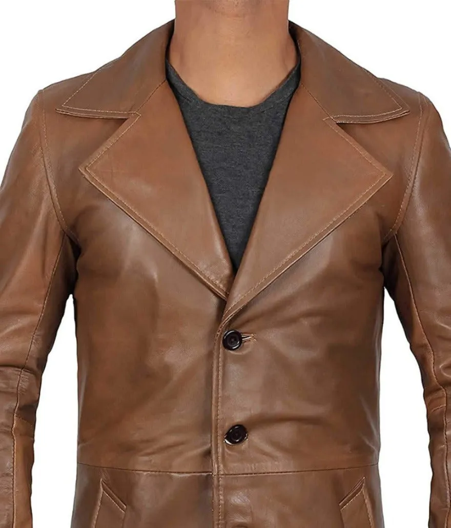 Mens Leather Trench Coat Brown