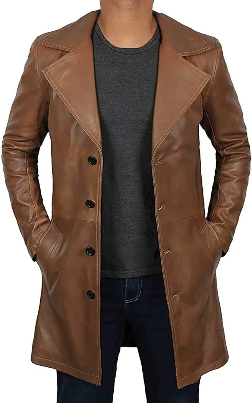 Mens Leather Trench Coat Brown