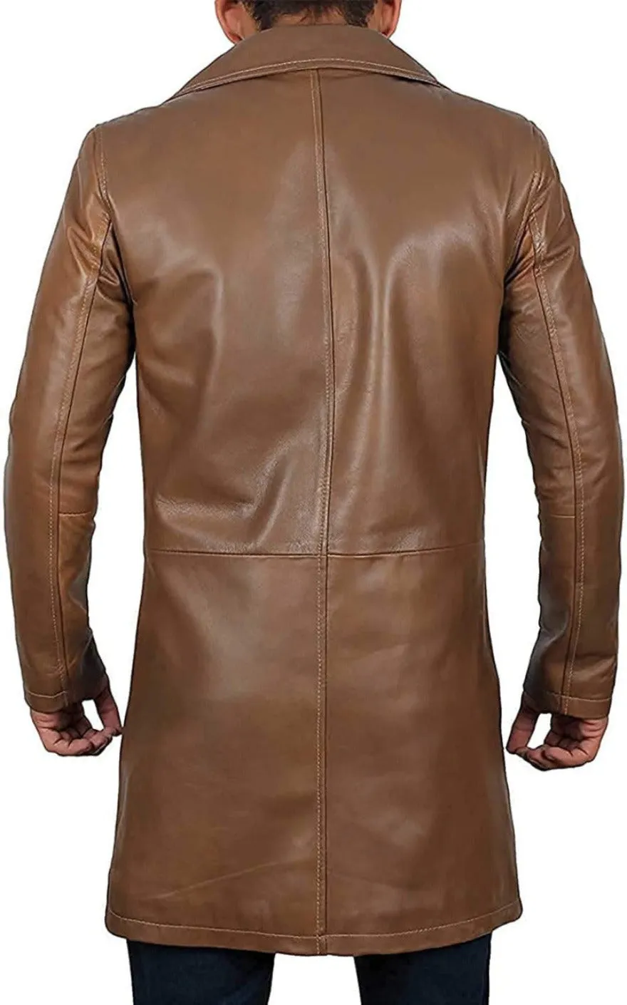 Mens Leather Trench Coat Brown