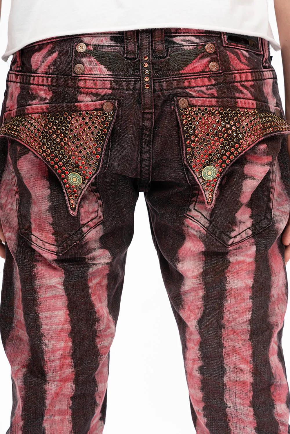 MENS LONG FLAP PRISONER RED WASH JEANS WITH EMBELLISHMENT