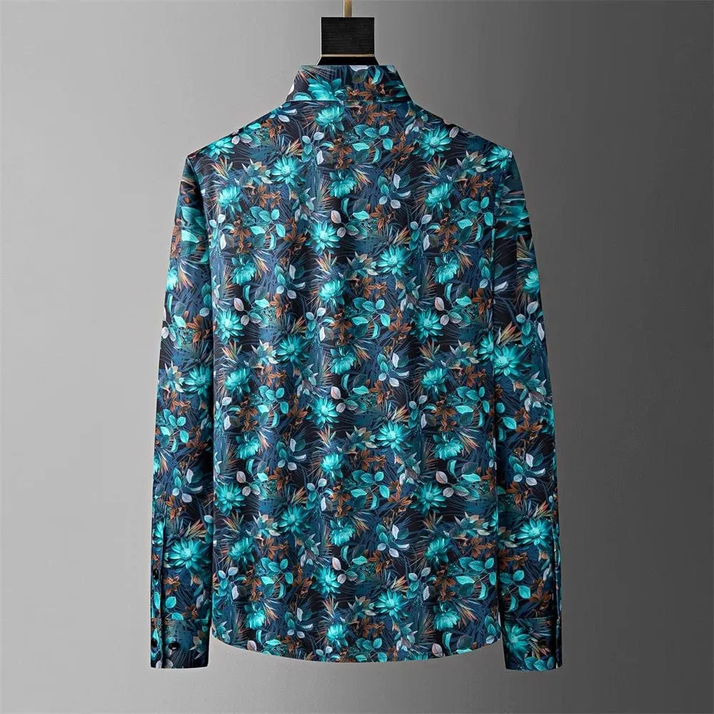 Men's Slim Fit Flower Shirt: Long Sleeved Casual Elegance for High-Quality Business Parties