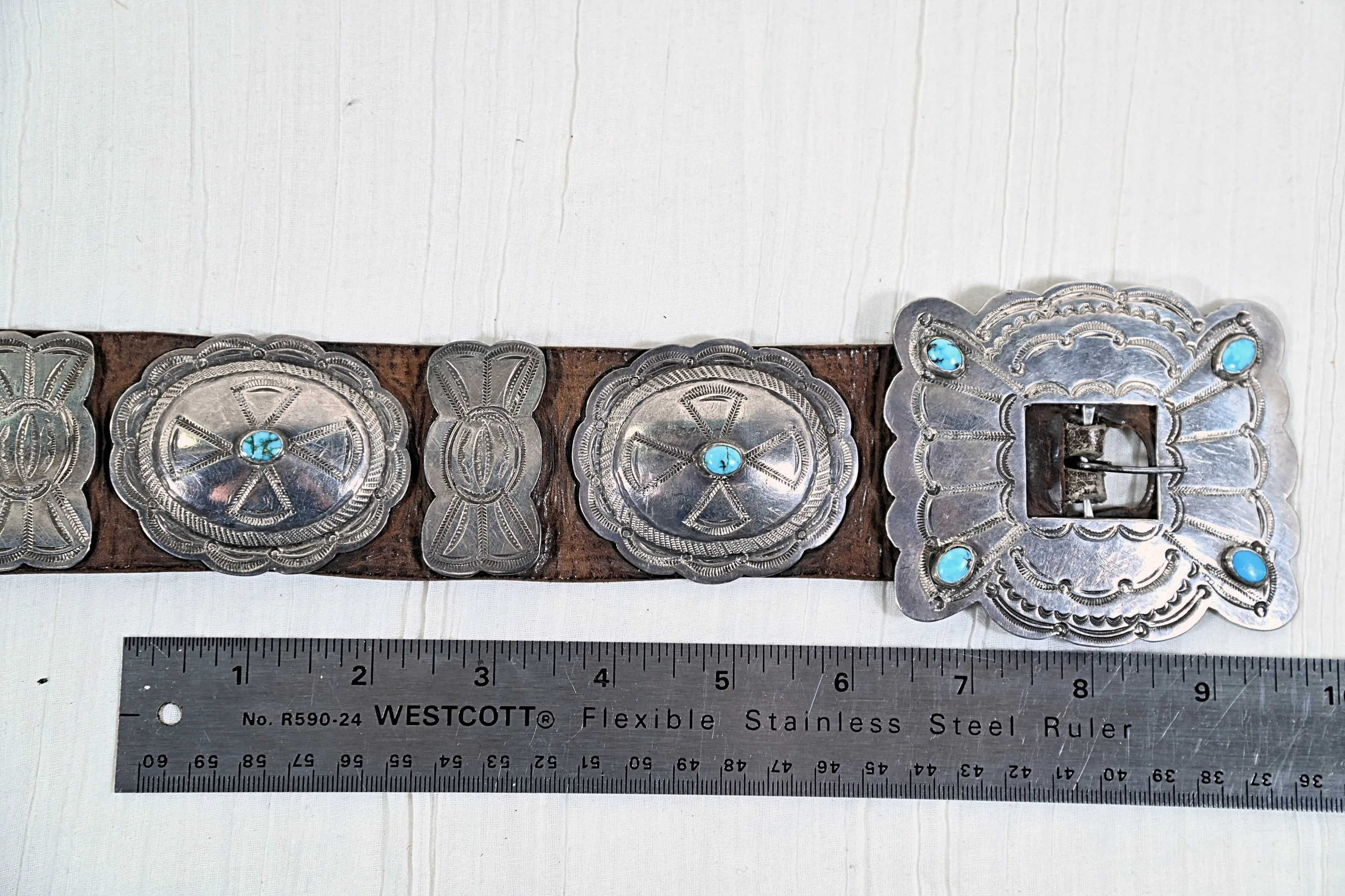 Mid 20th Century Navajo Concho Belt, Silver Turquoise Native American Belt 34"L, 411 Grams