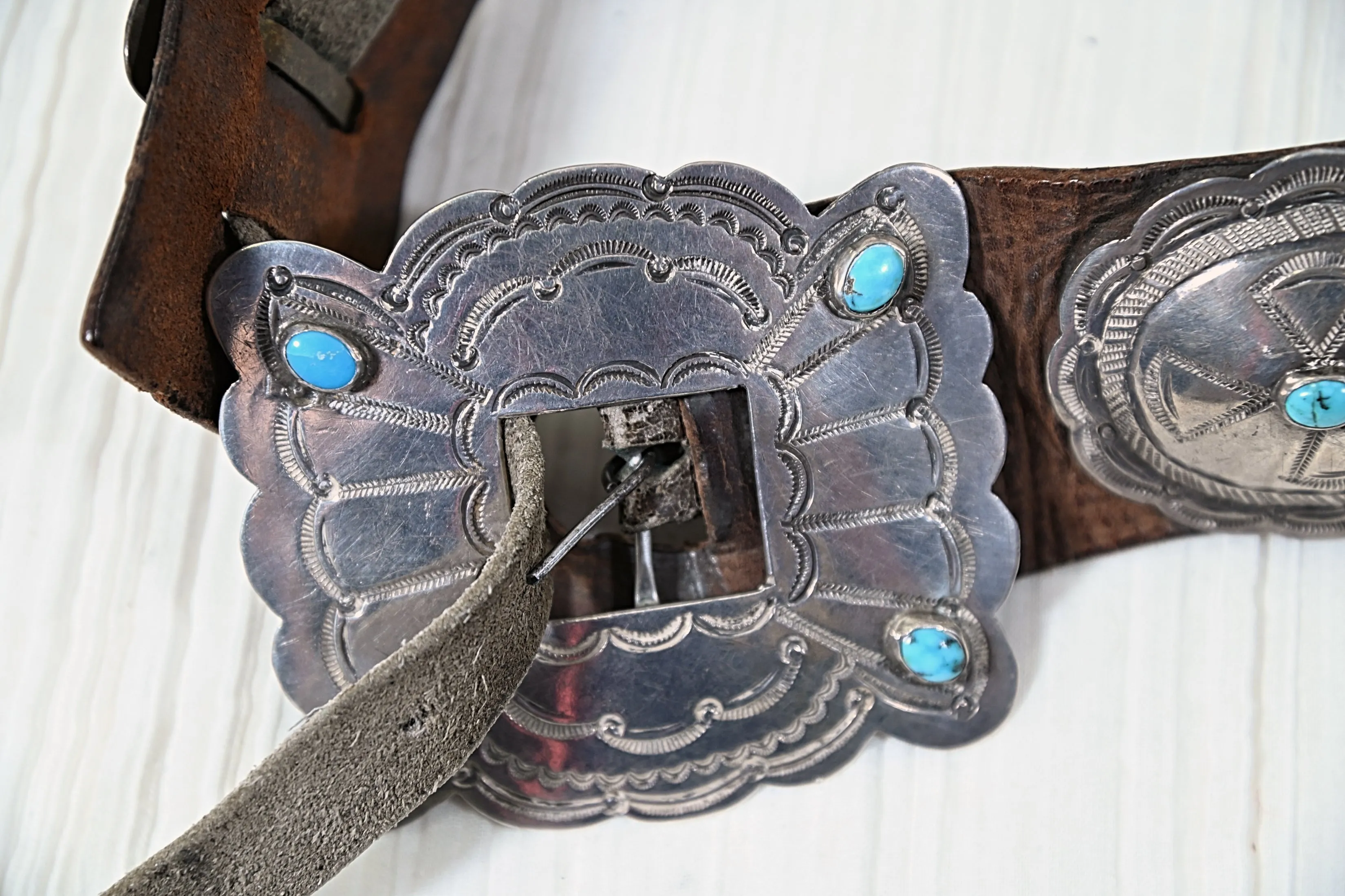 Mid 20th Century Navajo Concho Belt, Silver Turquoise Native American Belt 34"L, 411 Grams