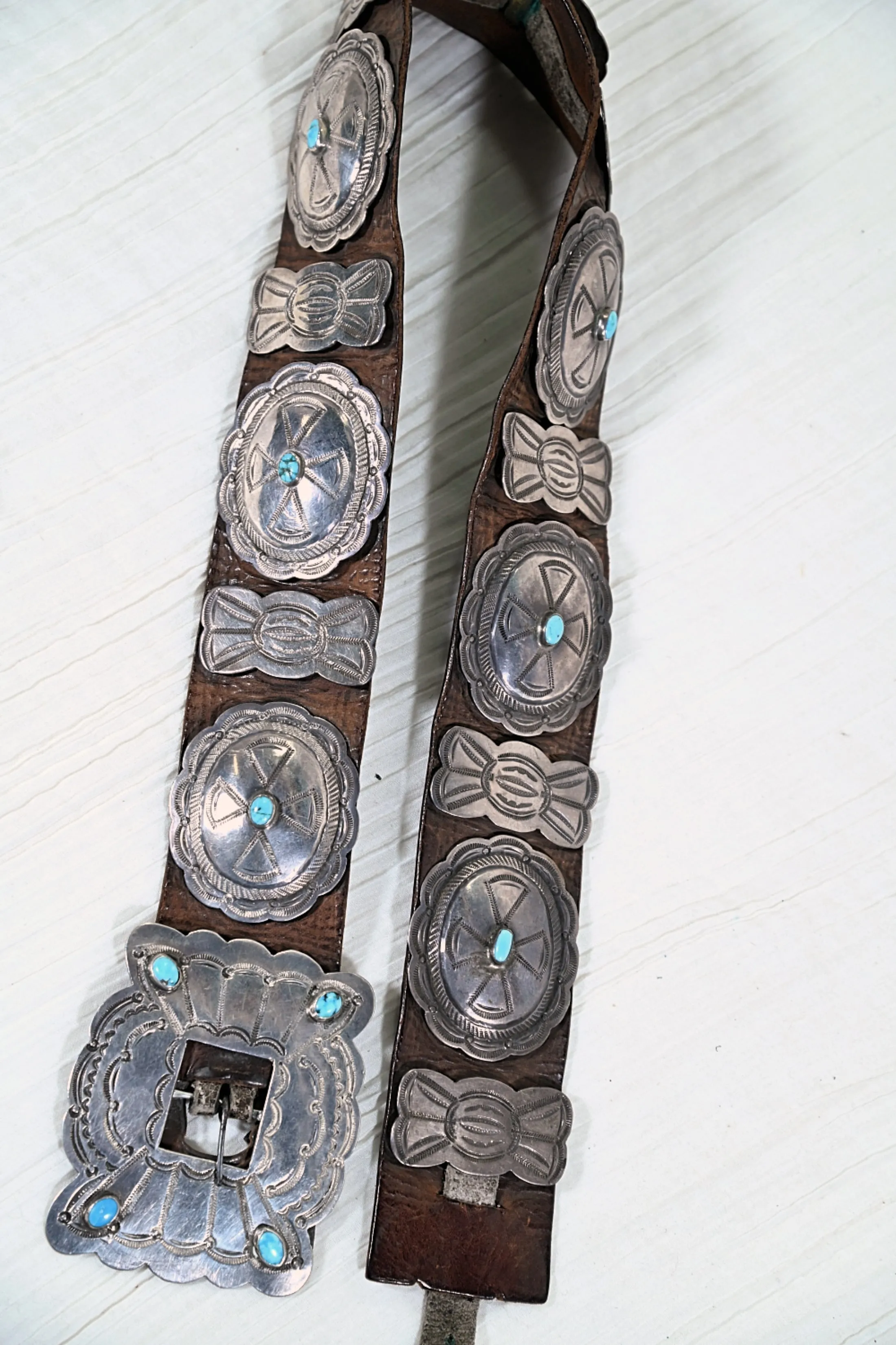 Mid 20th Century Navajo Concho Belt, Silver Turquoise Native American Belt 34"L, 411 Grams