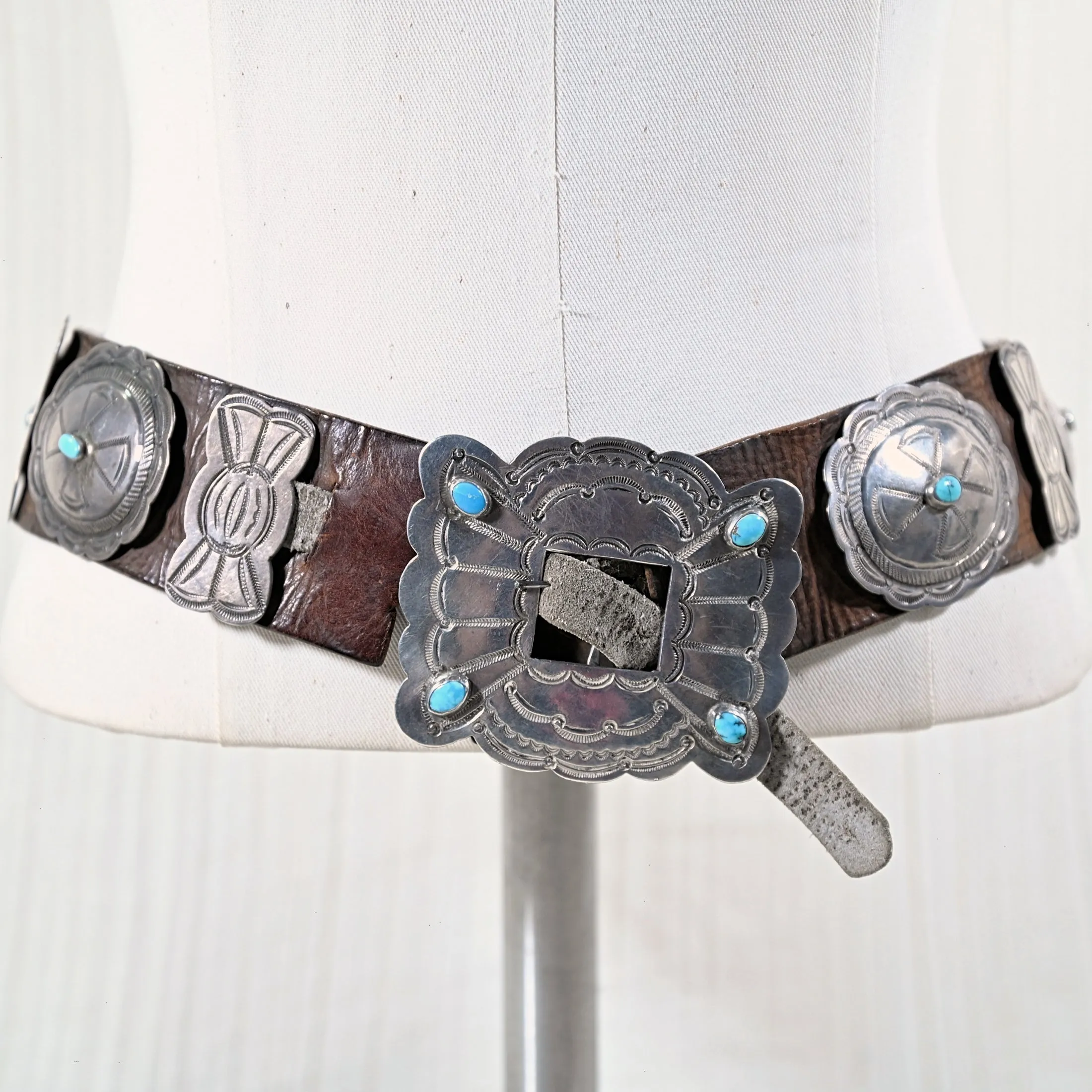 Mid 20th Century Navajo Concho Belt, Silver Turquoise Native American Belt 34"L, 411 Grams