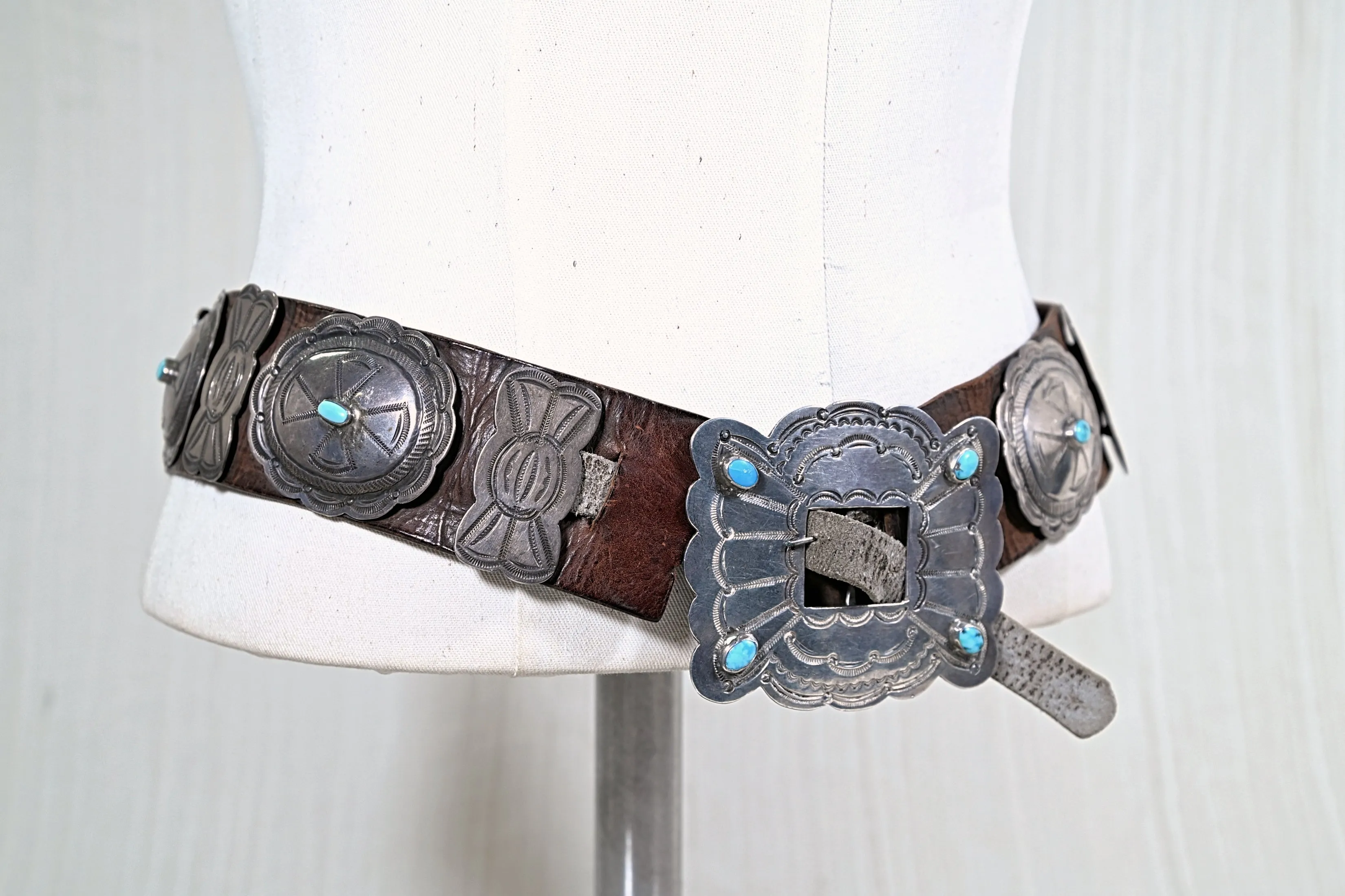 Mid 20th Century Navajo Concho Belt, Silver Turquoise Native American Belt 34"L, 411 Grams