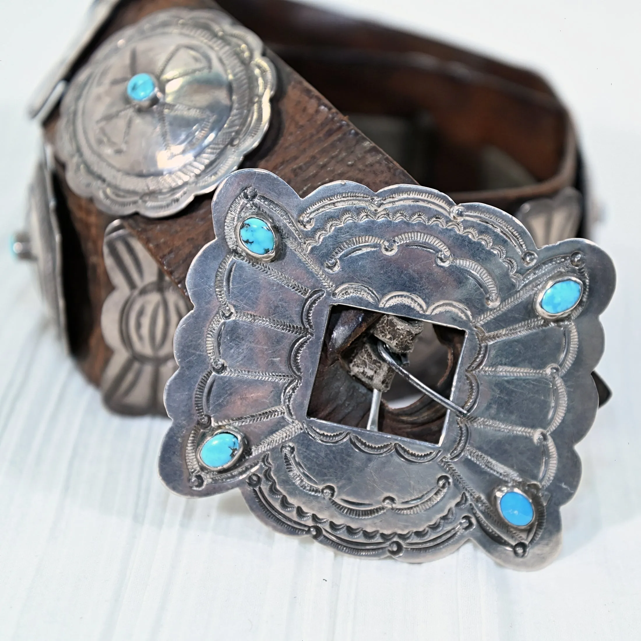 Mid 20th Century Navajo Concho Belt, Silver Turquoise Native American Belt 34"L, 411 Grams