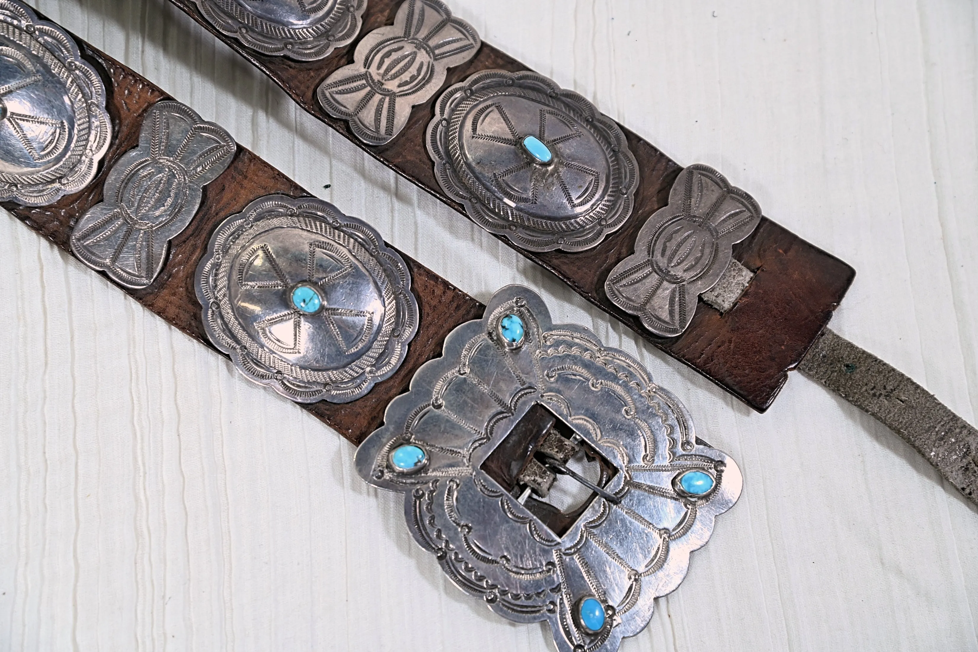 Mid 20th Century Navajo Concho Belt, Silver Turquoise Native American Belt 34"L, 411 Grams