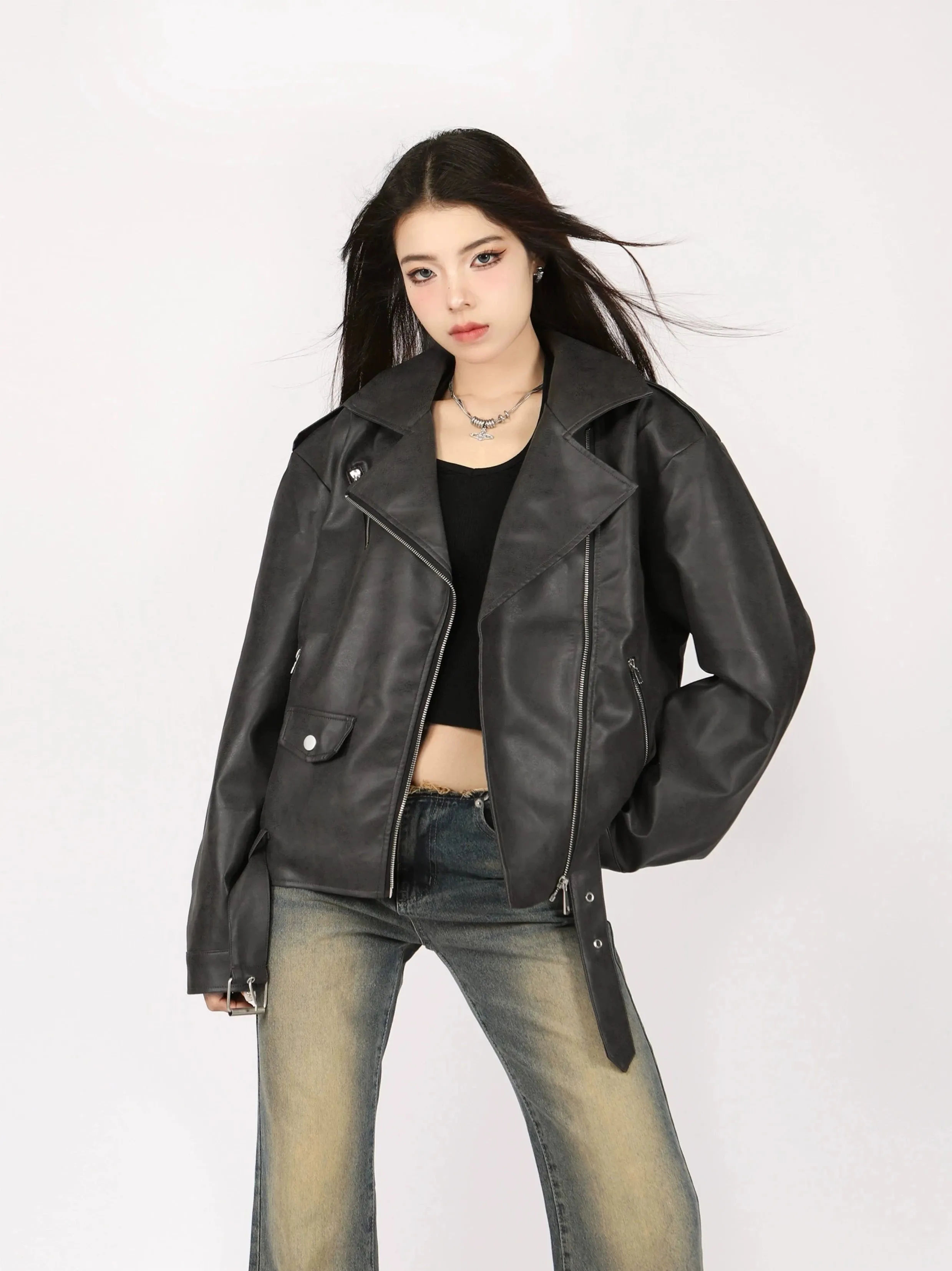 Mid-Crop Classic Faux Leather Biker Jacket