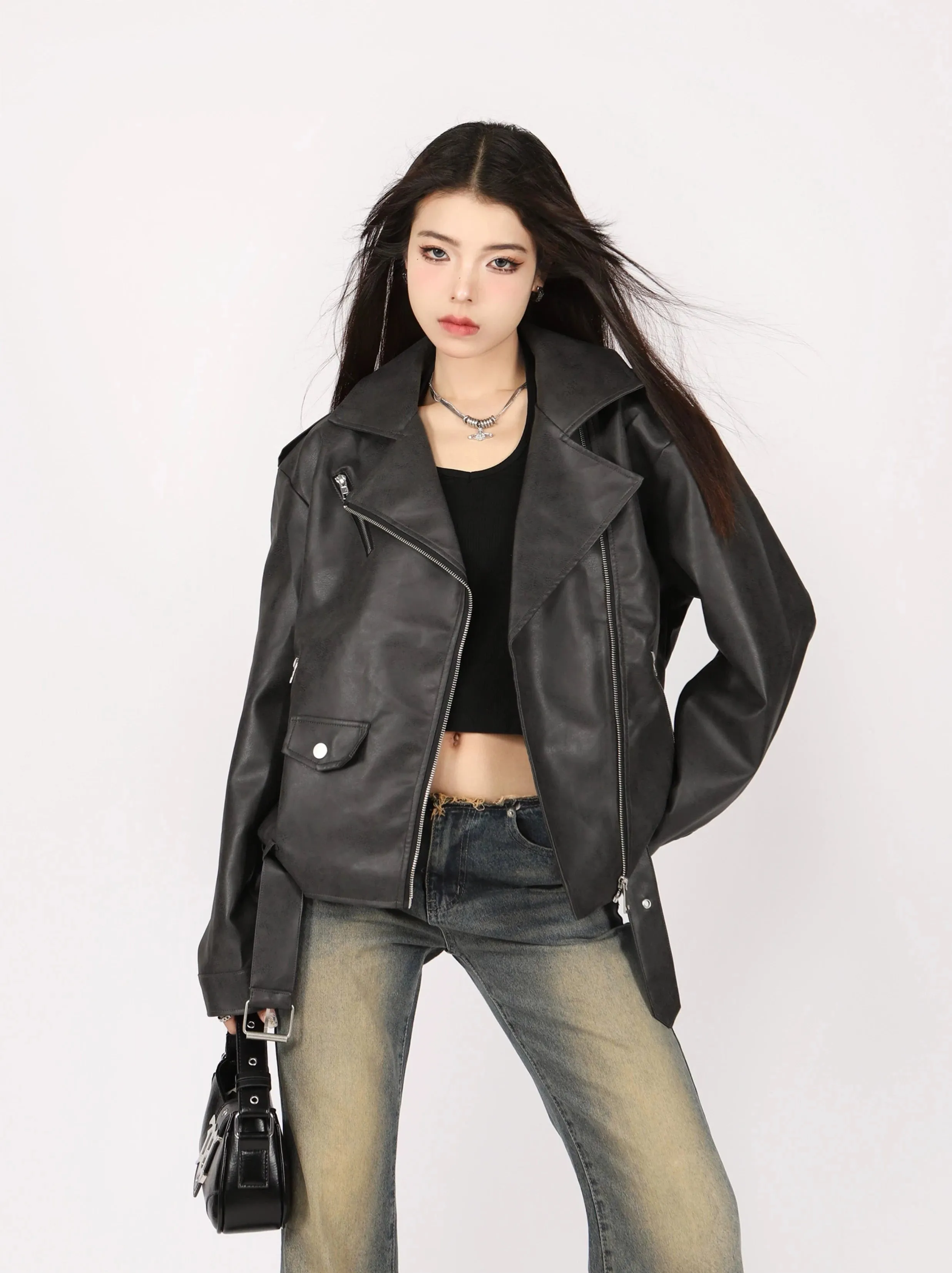 Mid-Crop Classic Faux Leather Biker Jacket