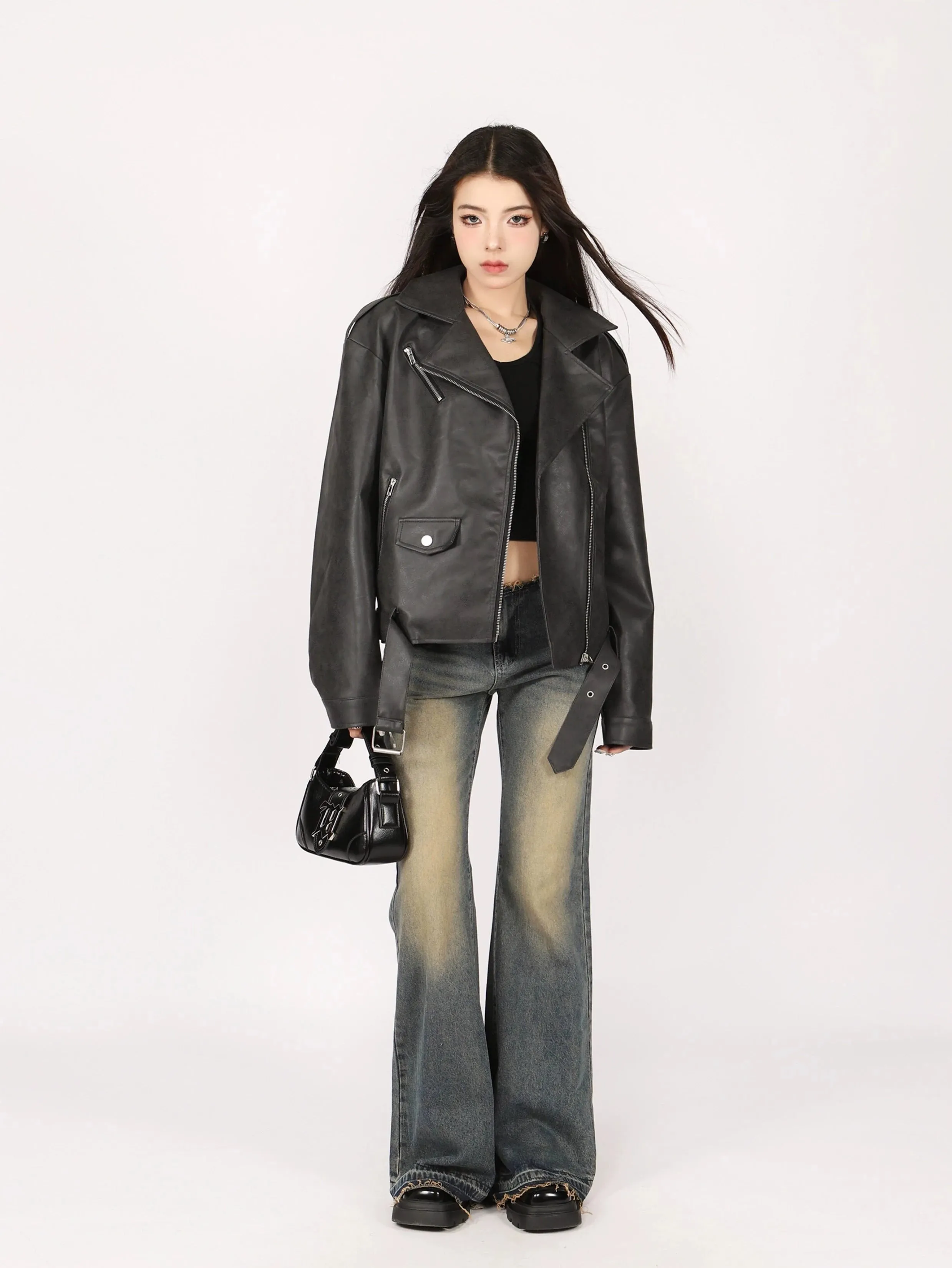 Mid-Crop Classic Faux Leather Biker Jacket