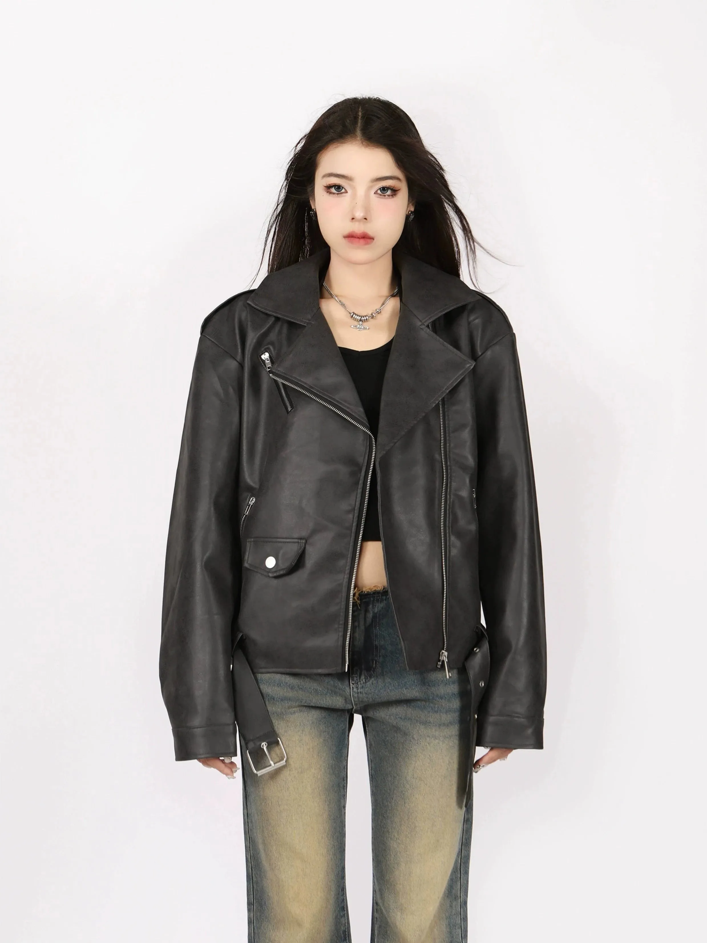 Mid-Crop Classic Faux Leather Biker Jacket