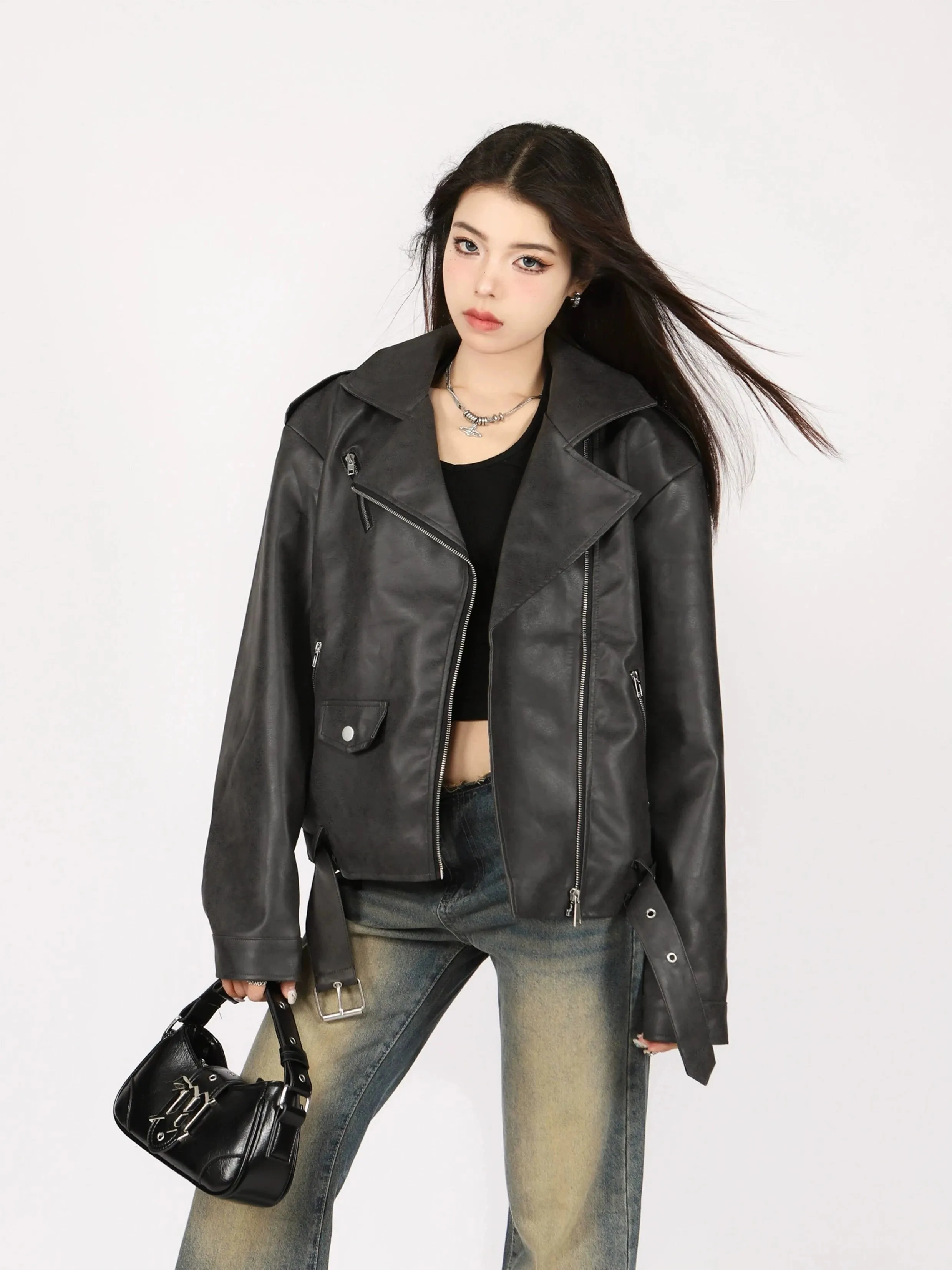 Mid-Crop Classic Faux Leather Biker Jacket