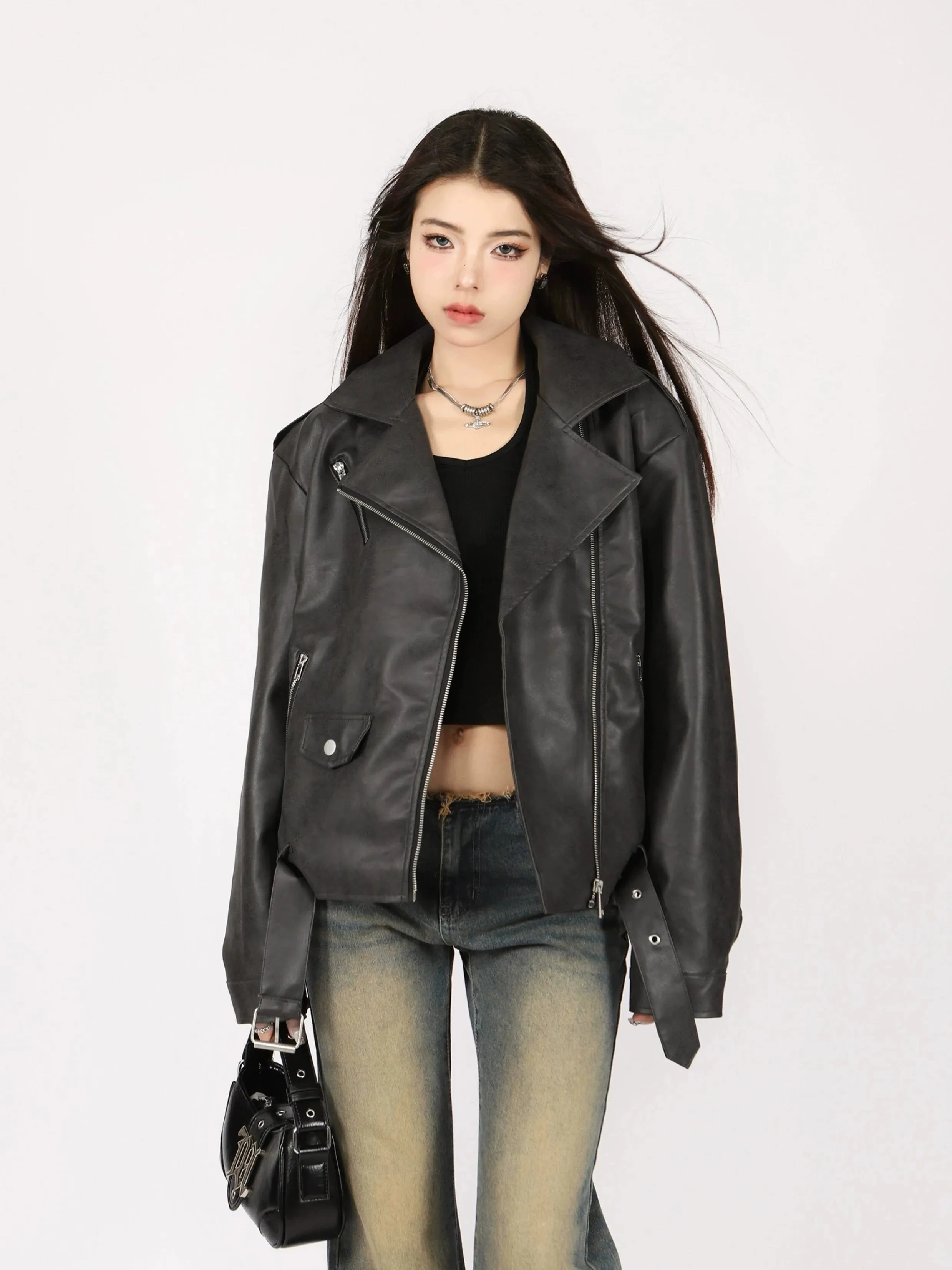 Mid-Crop Classic Faux Leather Biker Jacket