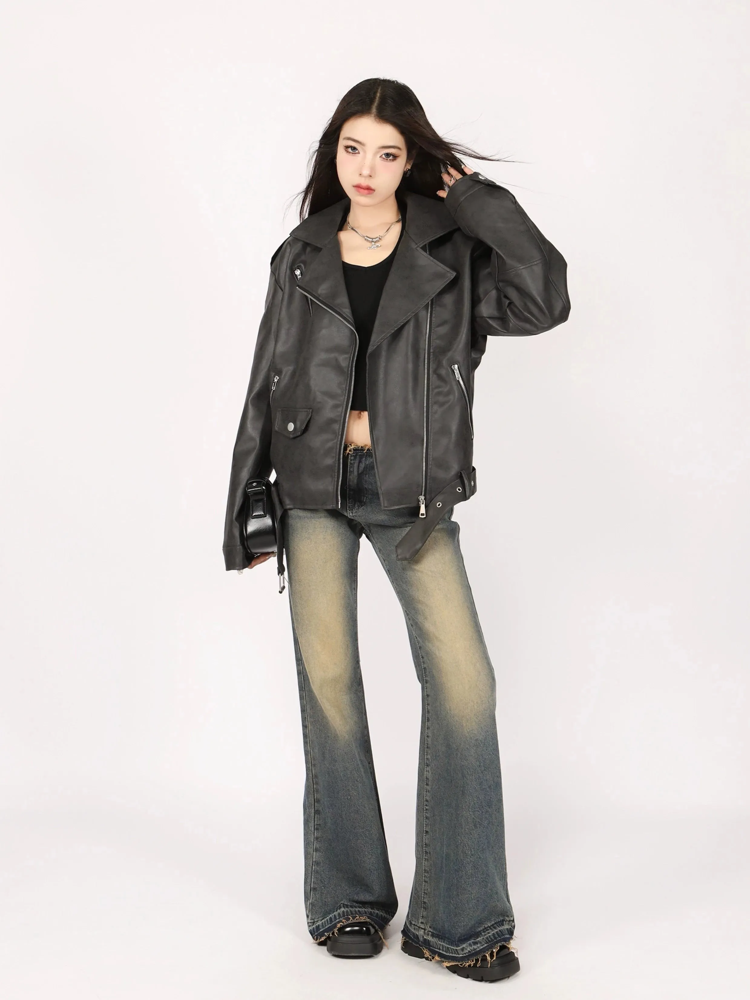 Mid-Crop Classic Faux Leather Biker Jacket