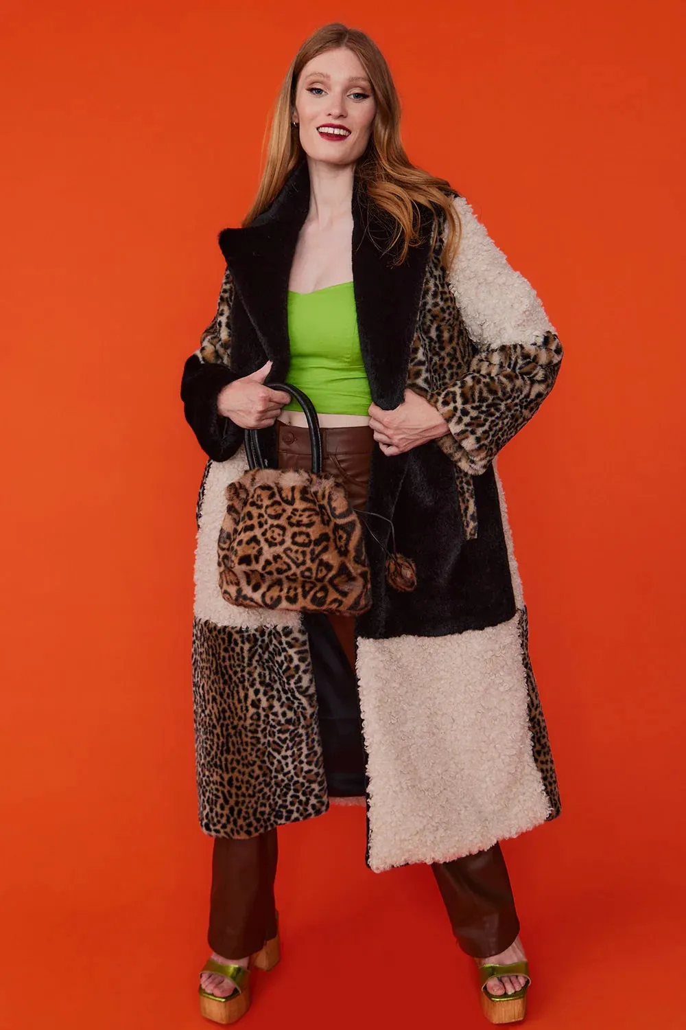 Mocha Faux Fur and Faux Shearling Maxi Coat