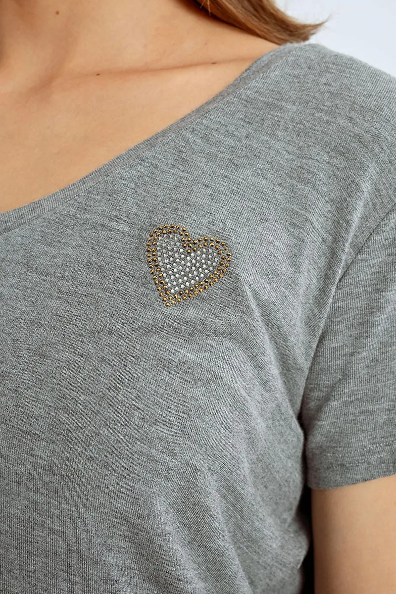 Molly Bracken V Neck Studded Heart T-shirt