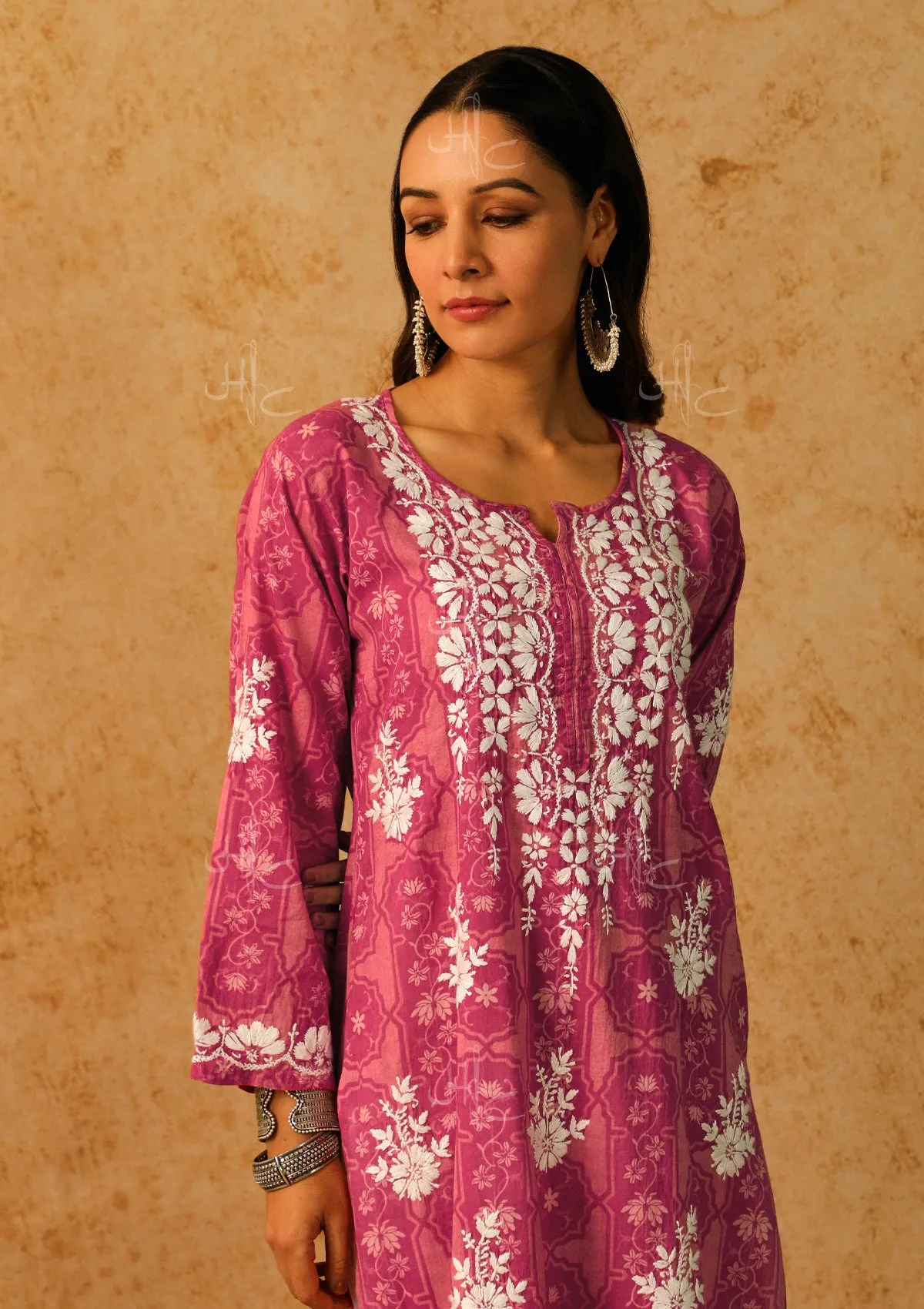 Mulmul Chikankari Printed Women's Long Kurta - Pink