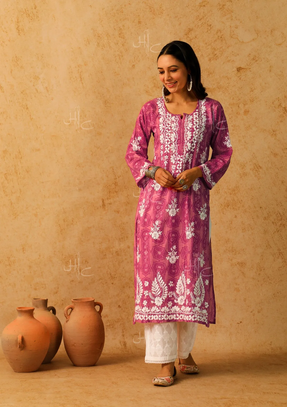 Mulmul Chikankari Printed Women's Long Kurta - Pink