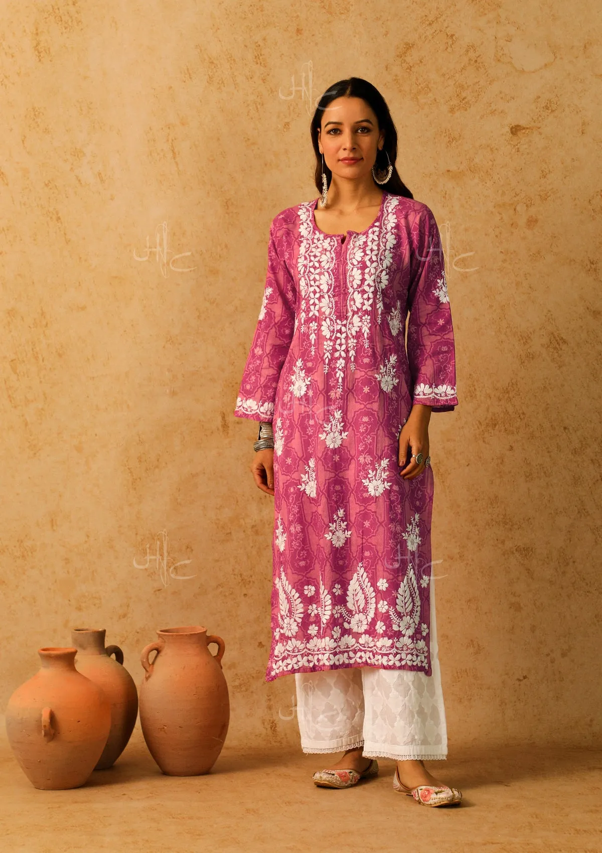 Mulmul Chikankari Printed Women's Long Kurta - Pink