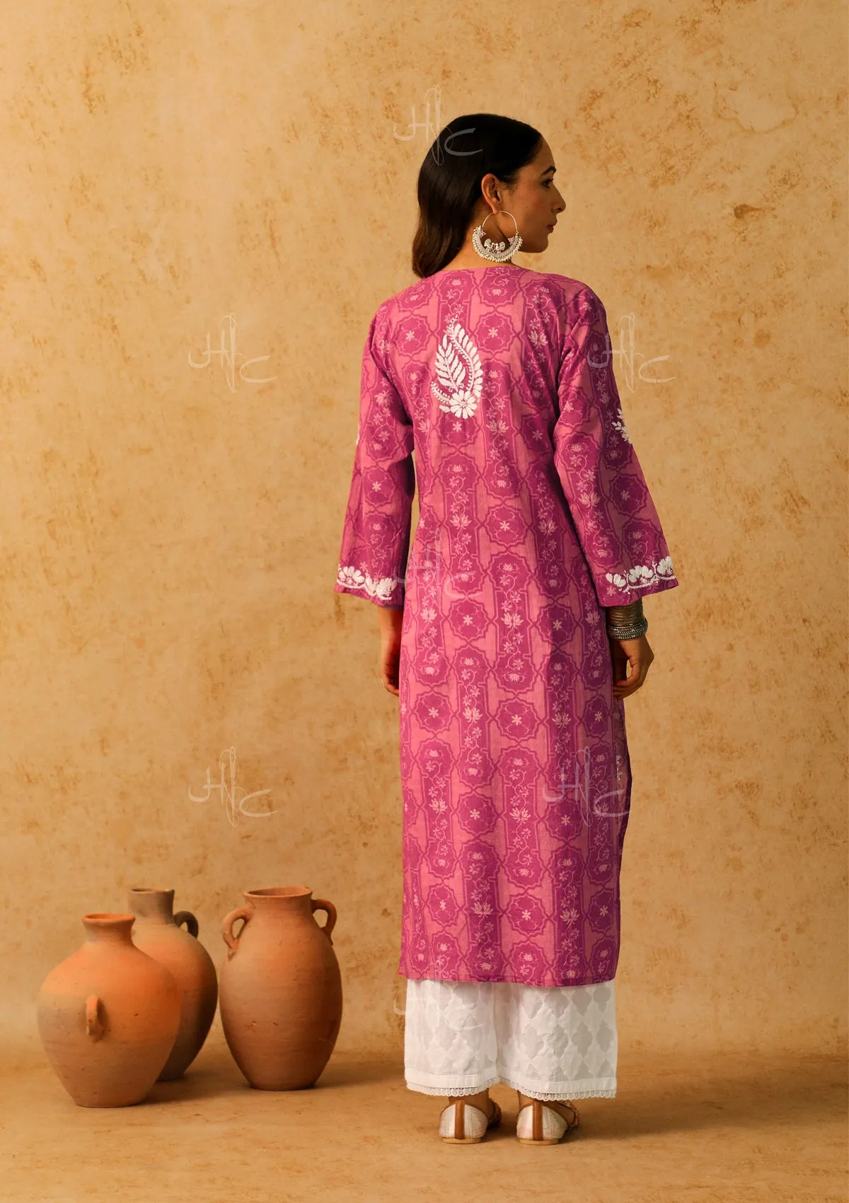 Mulmul Chikankari Printed Women's Long Kurta - Pink