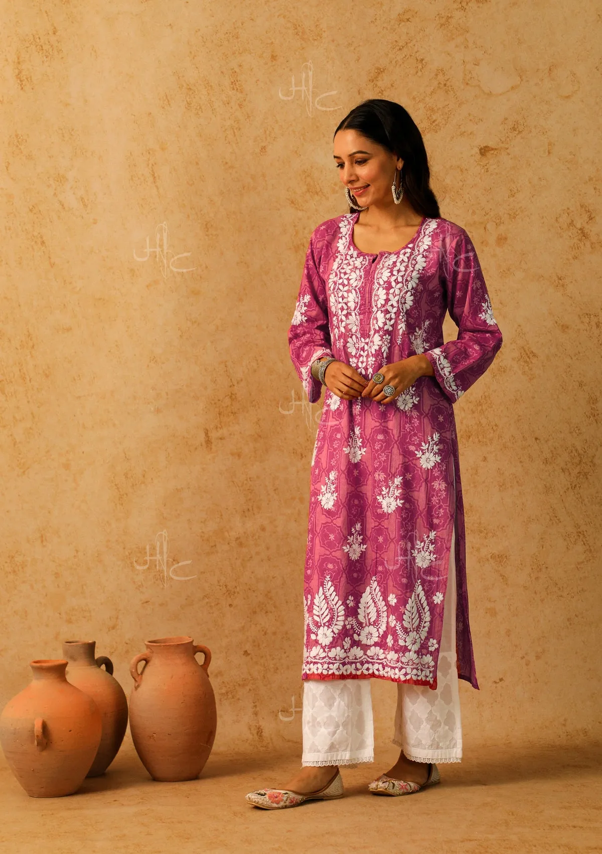 Mulmul Chikankari Printed Women's Long Kurta - Pink