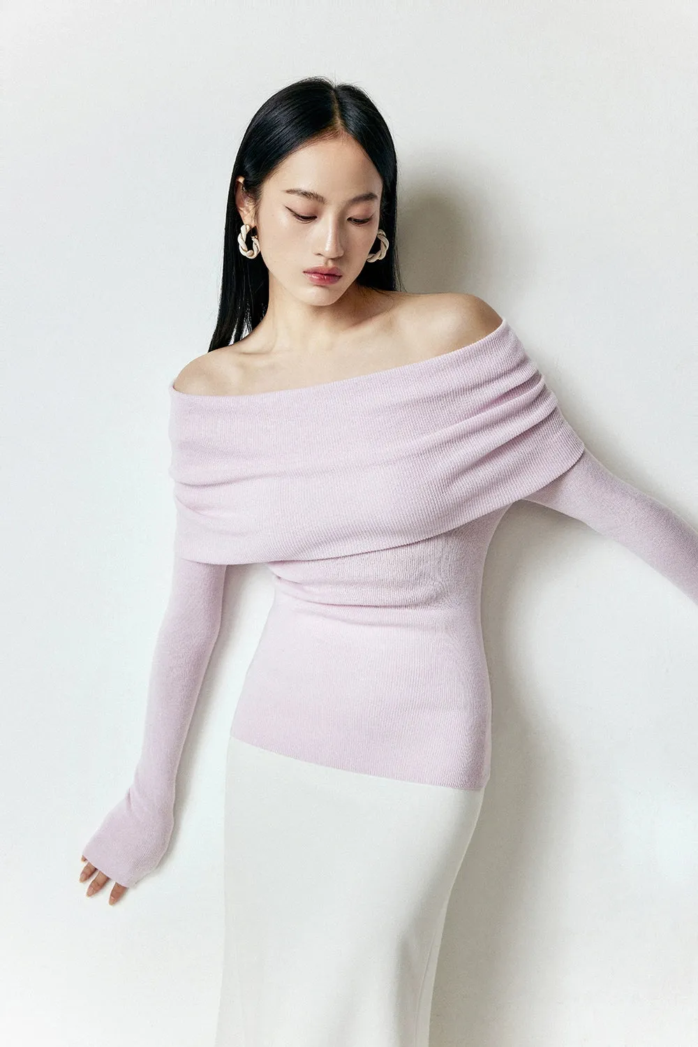 Off-Shoulder Ribbed Knit Long Sleeve Sweater Top