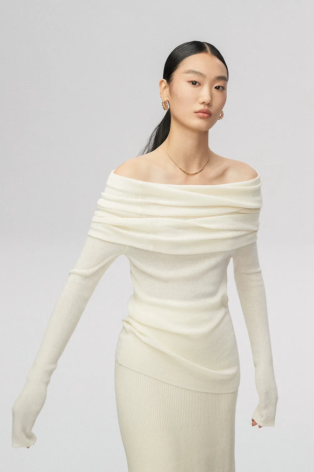 Off-Shoulder Ribbed Knit Long Sleeve Sweater Top