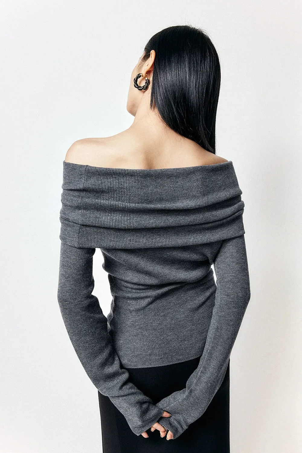 Off-Shoulder Ribbed Knit Long Sleeve Sweater Top