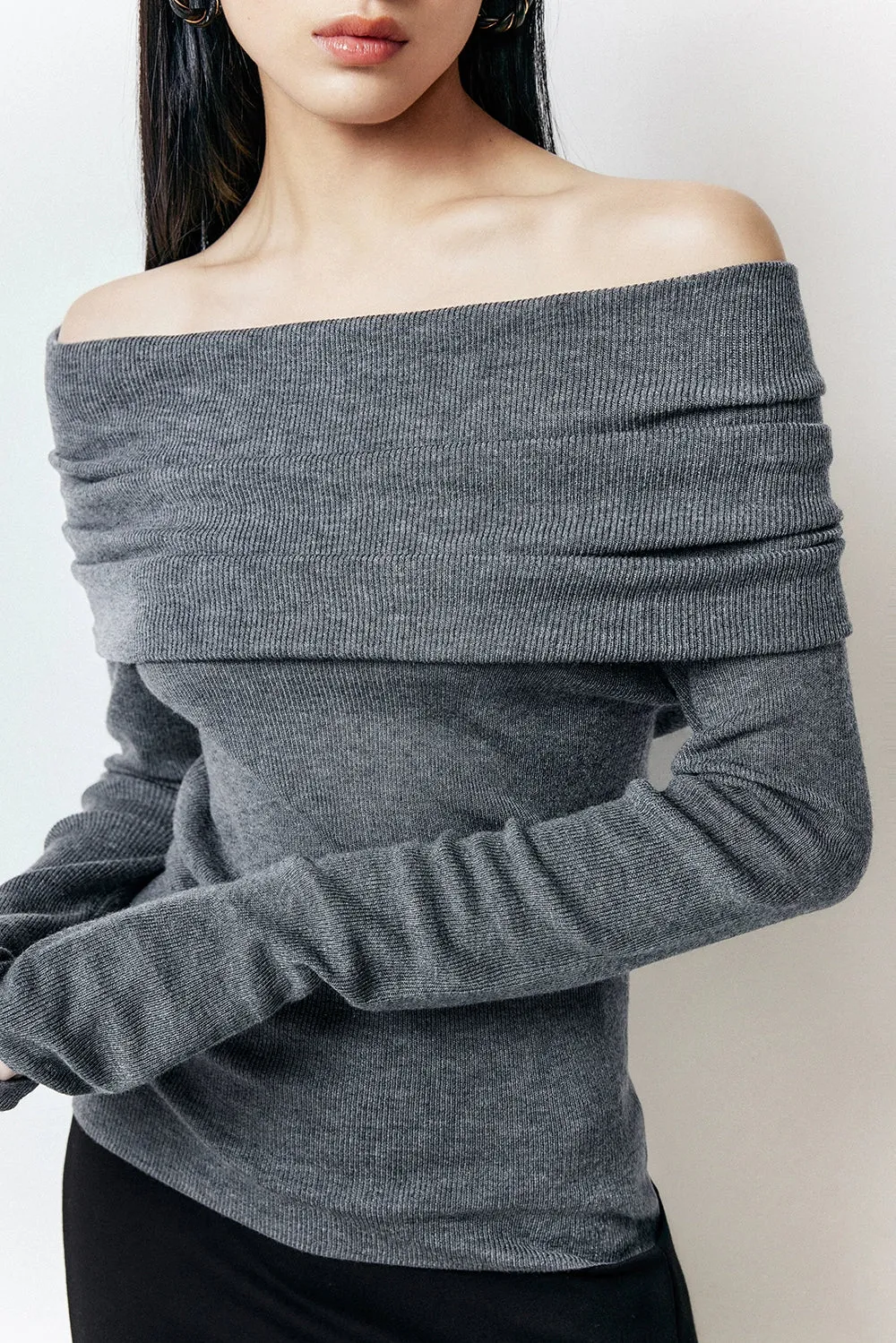 Off-Shoulder Ribbed Knit Long Sleeve Sweater Top