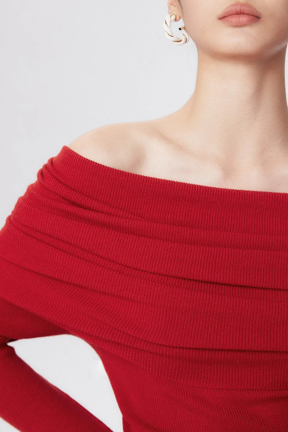 Off-Shoulder Ribbed Knit Long Sleeve Sweater Top