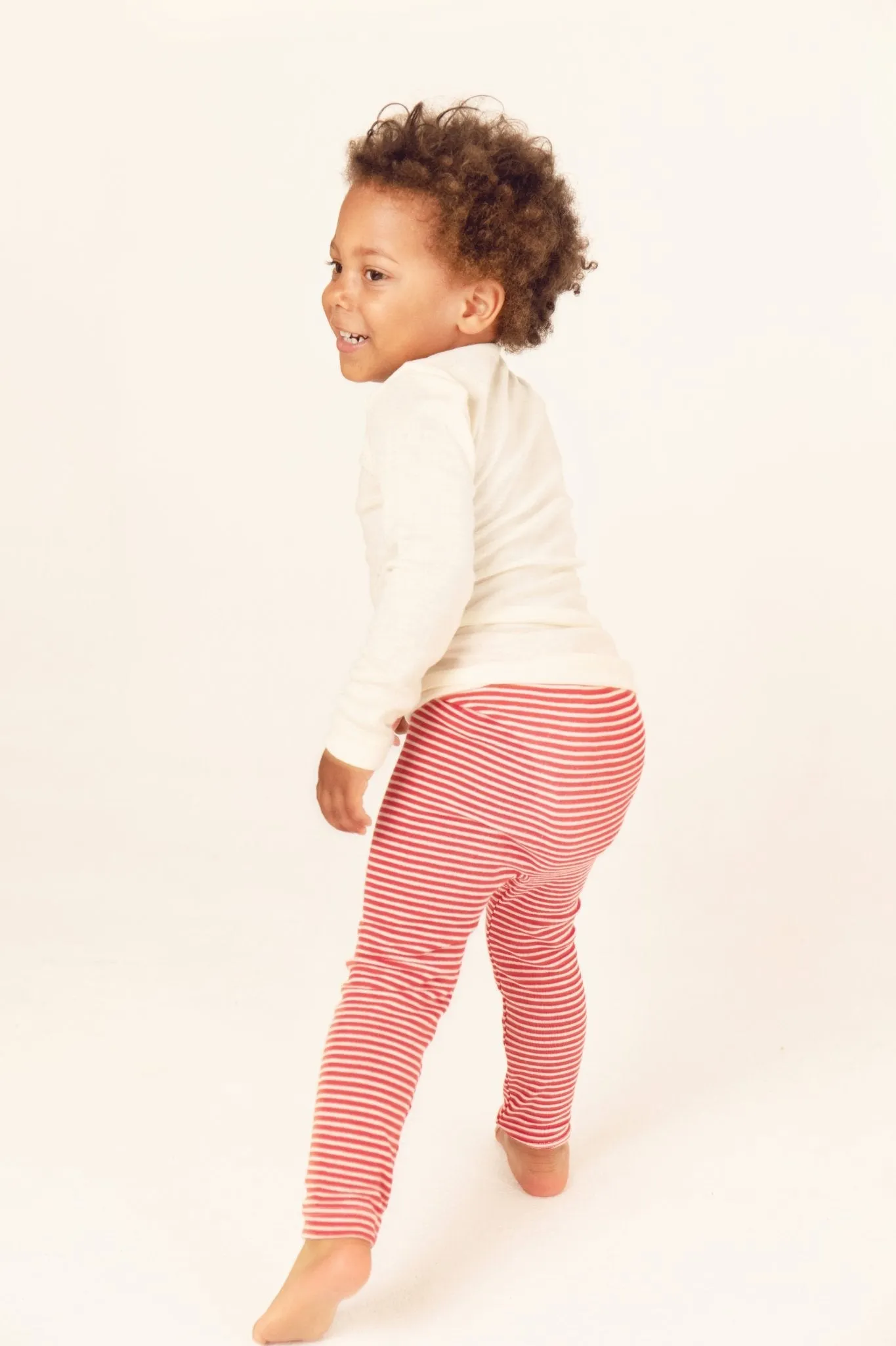 organic merino wool and silk kids leggings - red/natural stripe