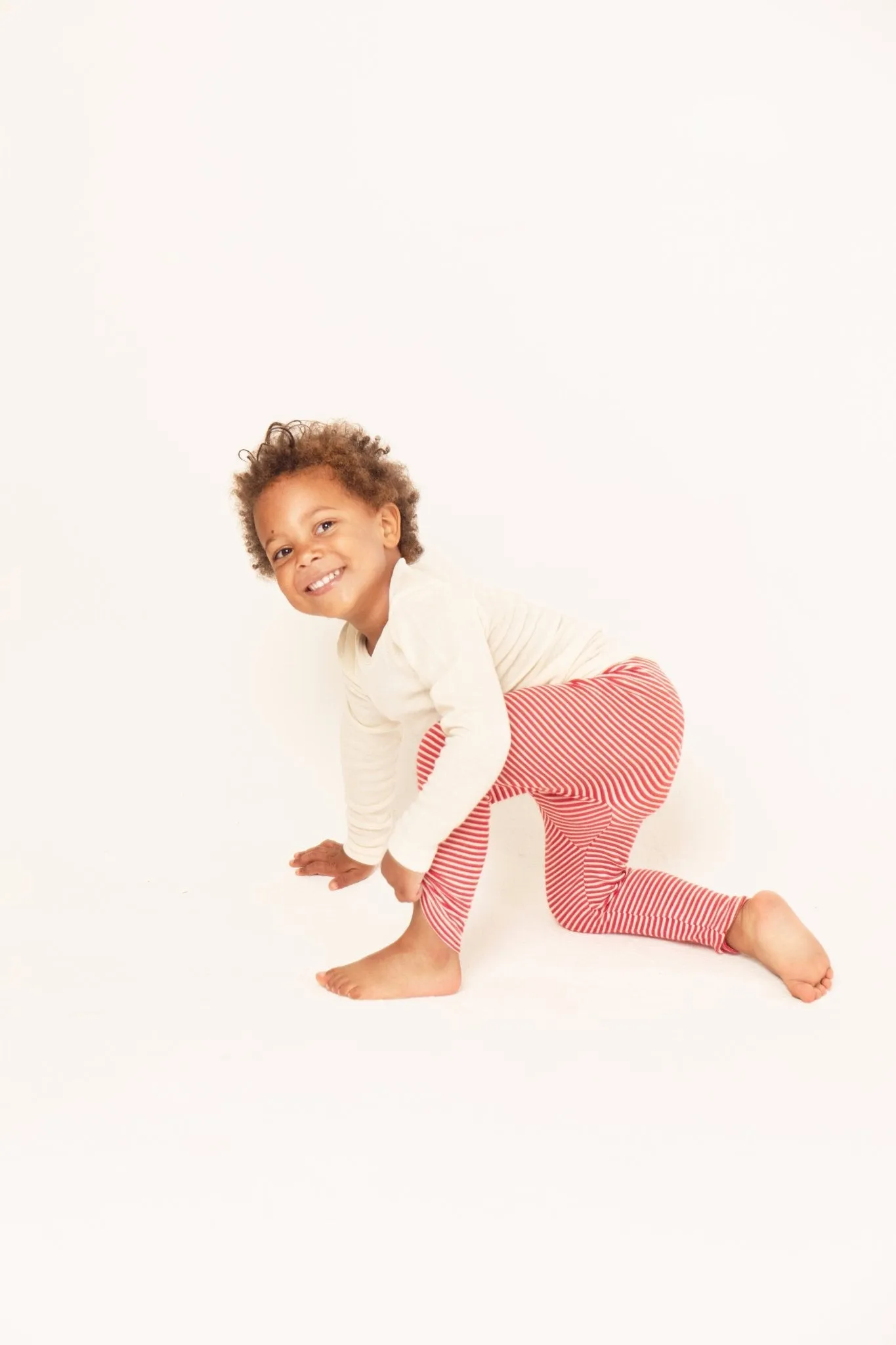 organic merino wool and silk kids leggings - red/natural stripe